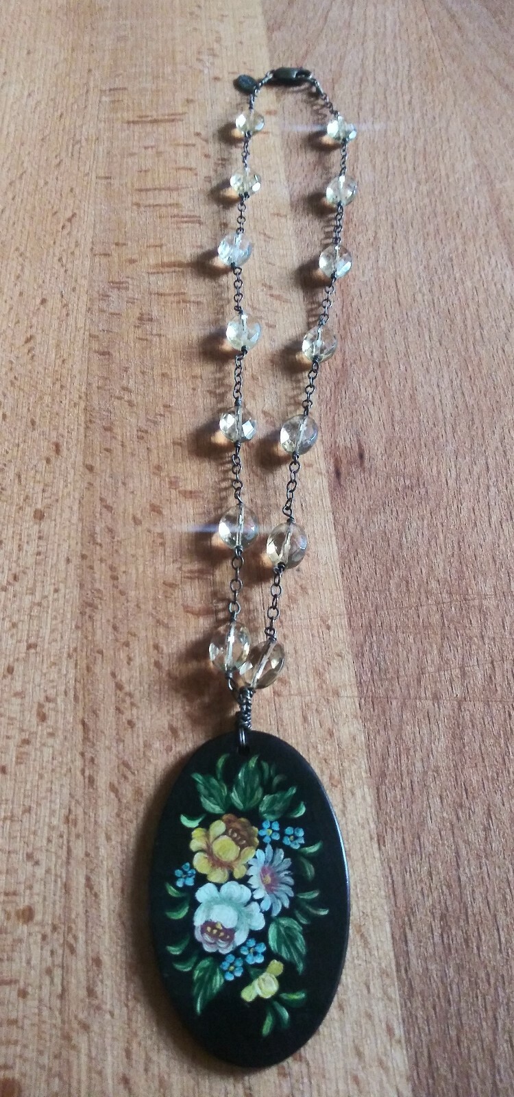 Gara Danielle Vintage Necklace with Handpainted Wood Medillion and Citrine Gems