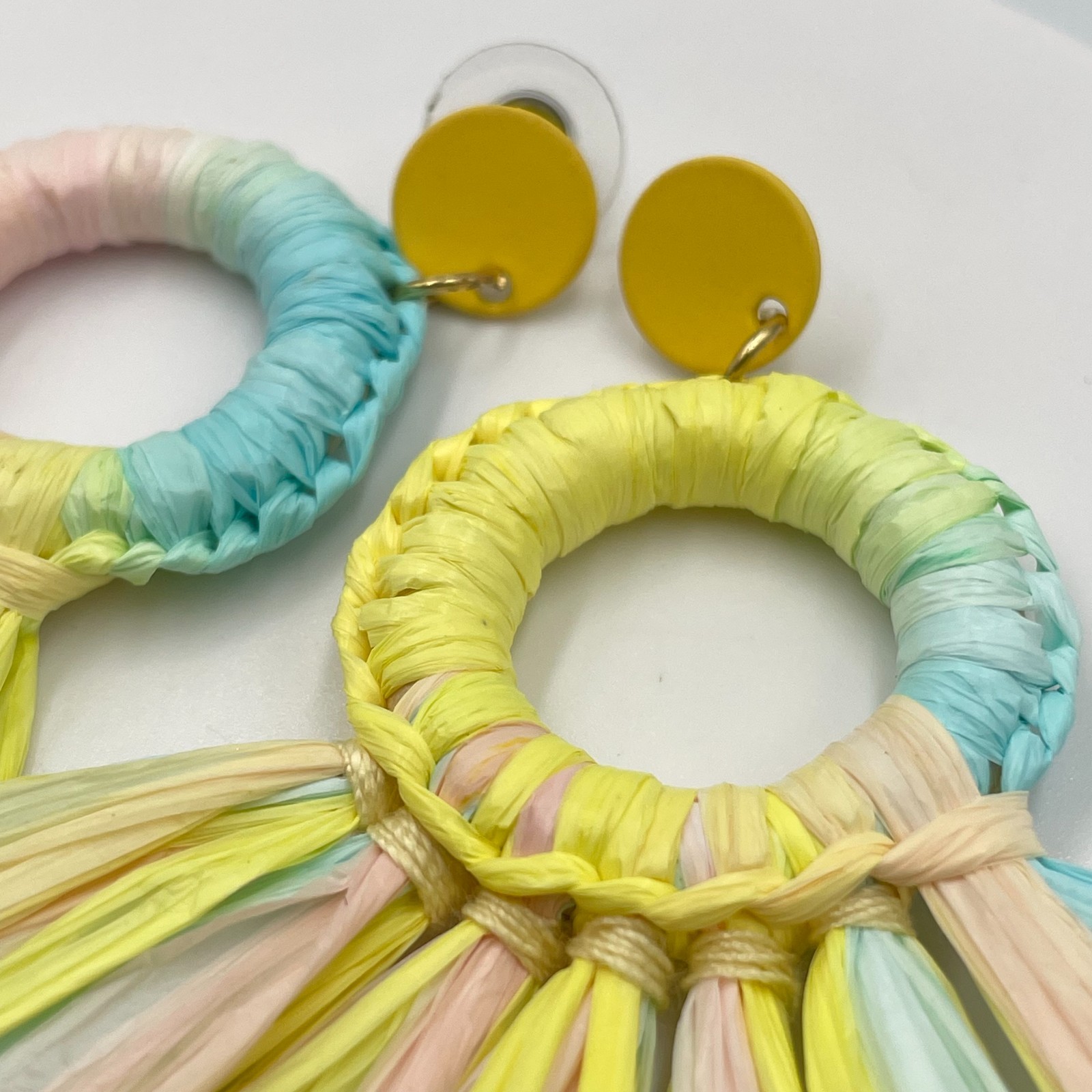 Vintage Pastel Multi-Color Straw Woven Raffia Hoop Drop Fringe Statement Earring