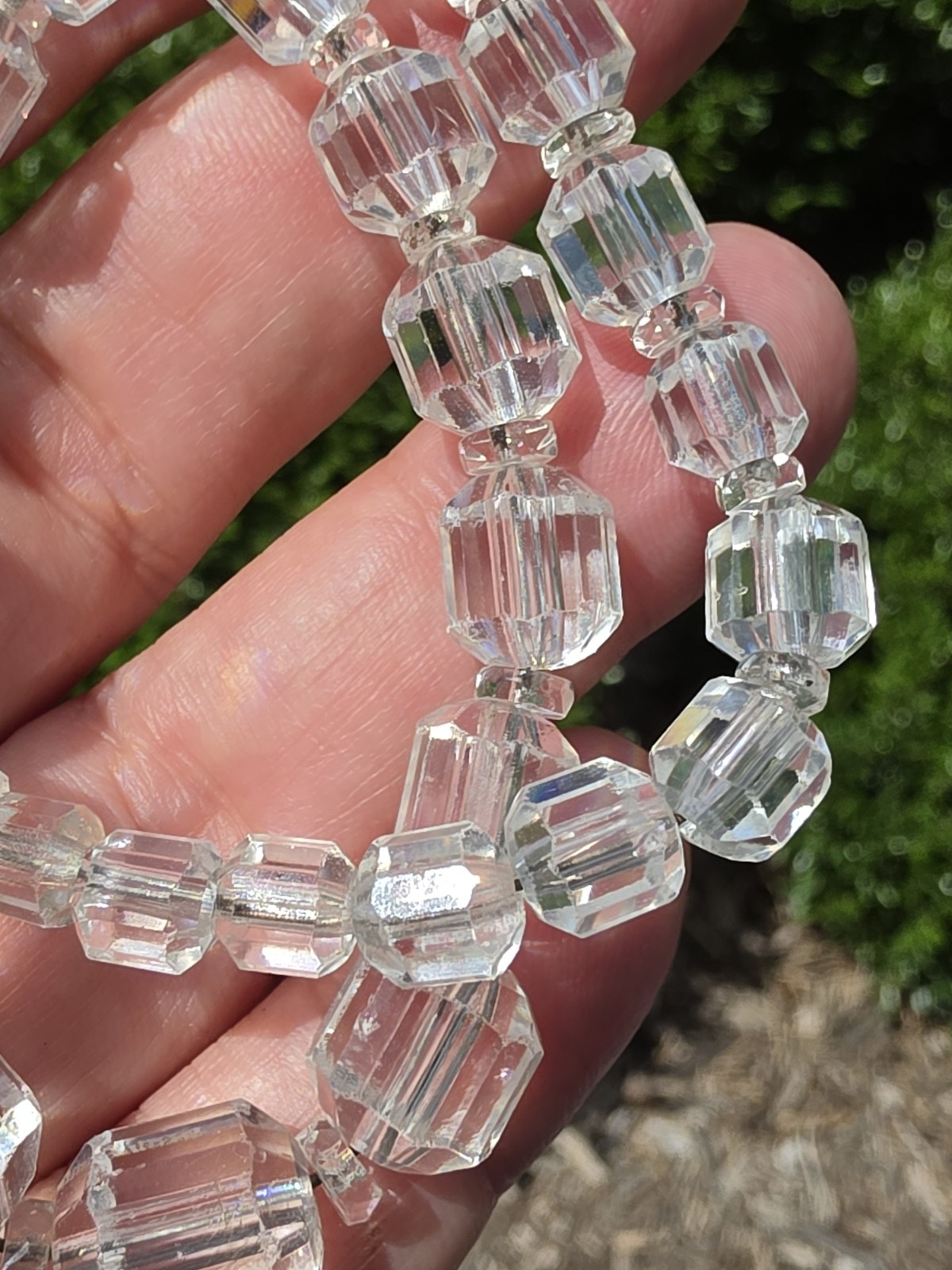 Vintage Clear Faceted Crystal Glass Cube Cut Bead Necklace Art Deco Style 15”