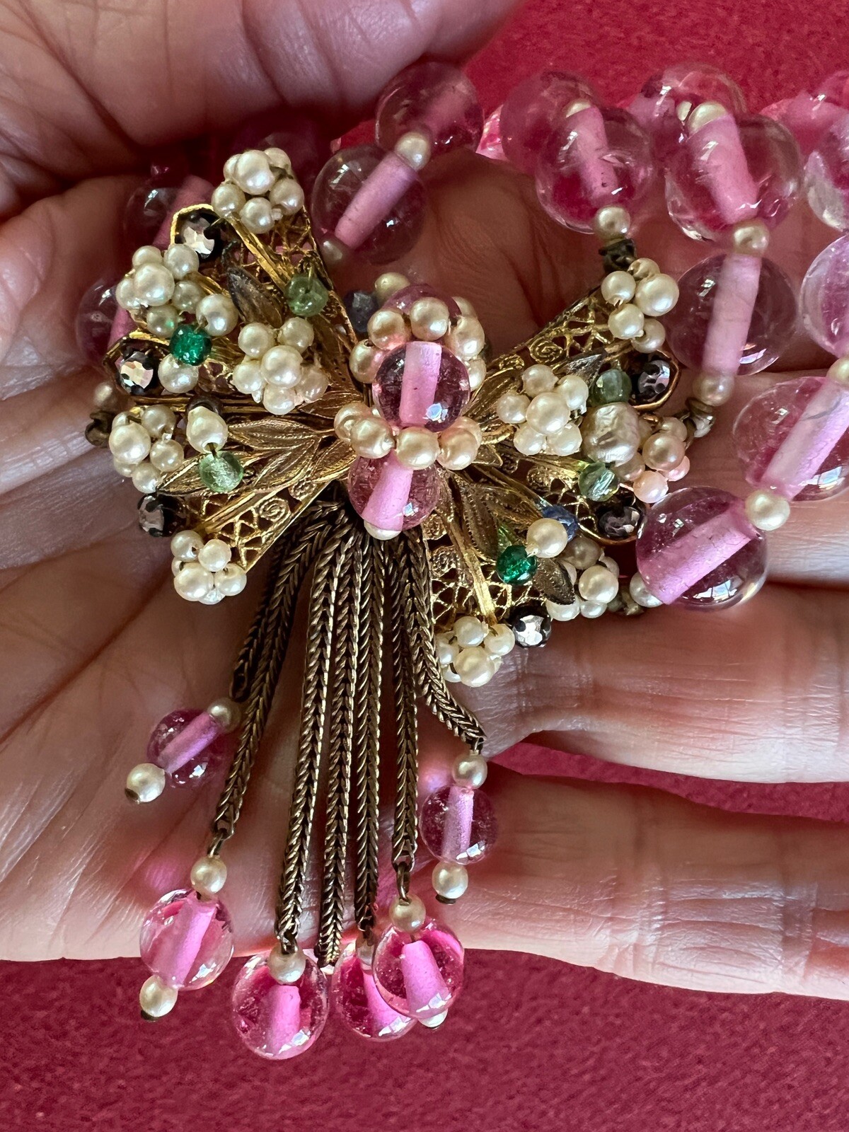 Early Miriam Haskell 3 Strand Pink Glass Festoon Necklace Faux Pearl Rose Monteé
