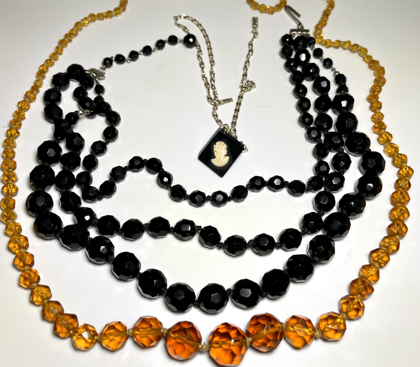Necklaces- Czech Amber & Jet Glass Austrian & Rhodium W/ Bakelite Cameo Germany
