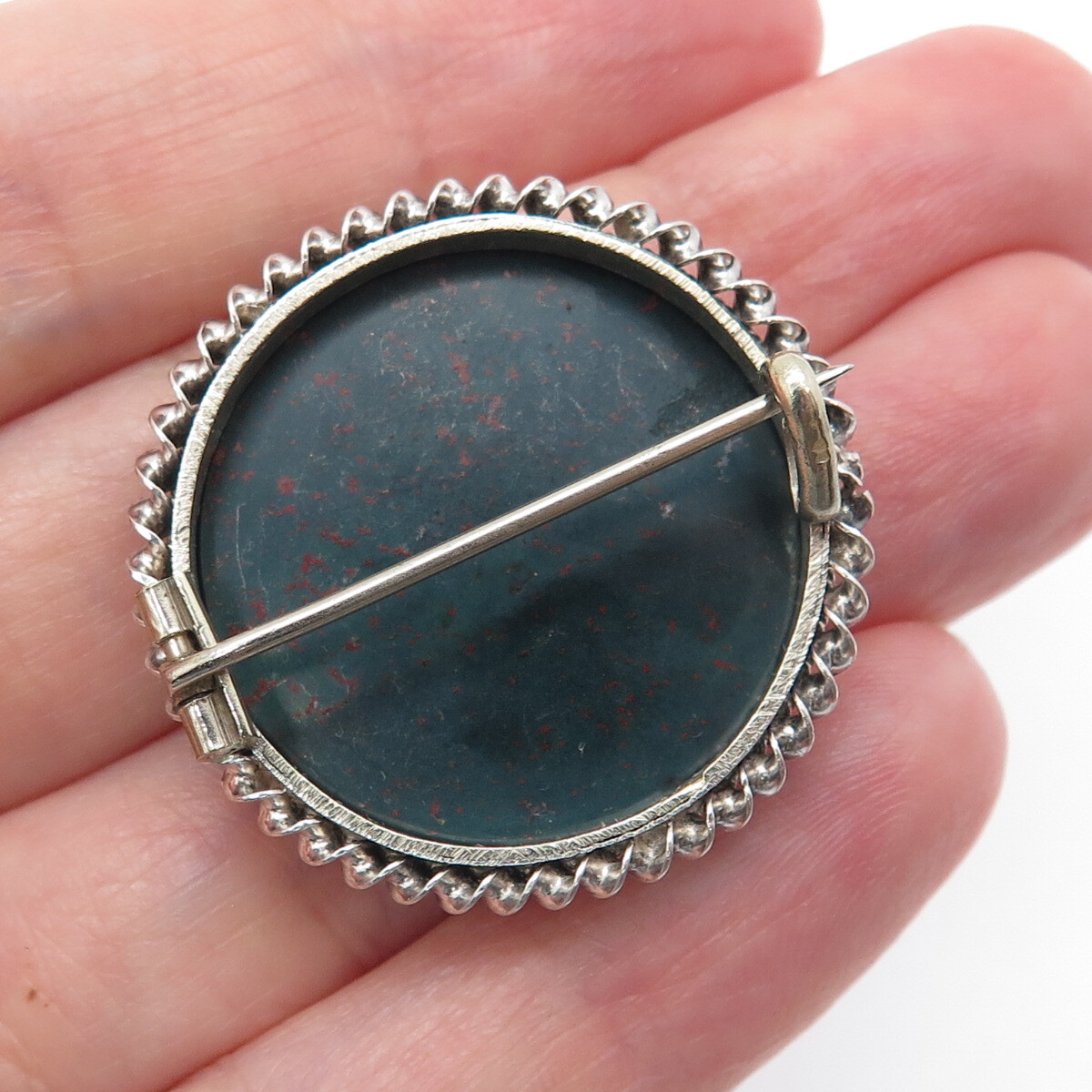 Silver-Tone Antique Victorian Real Round-Cut Bloodstone Twisted Bezel Pin Brooch
