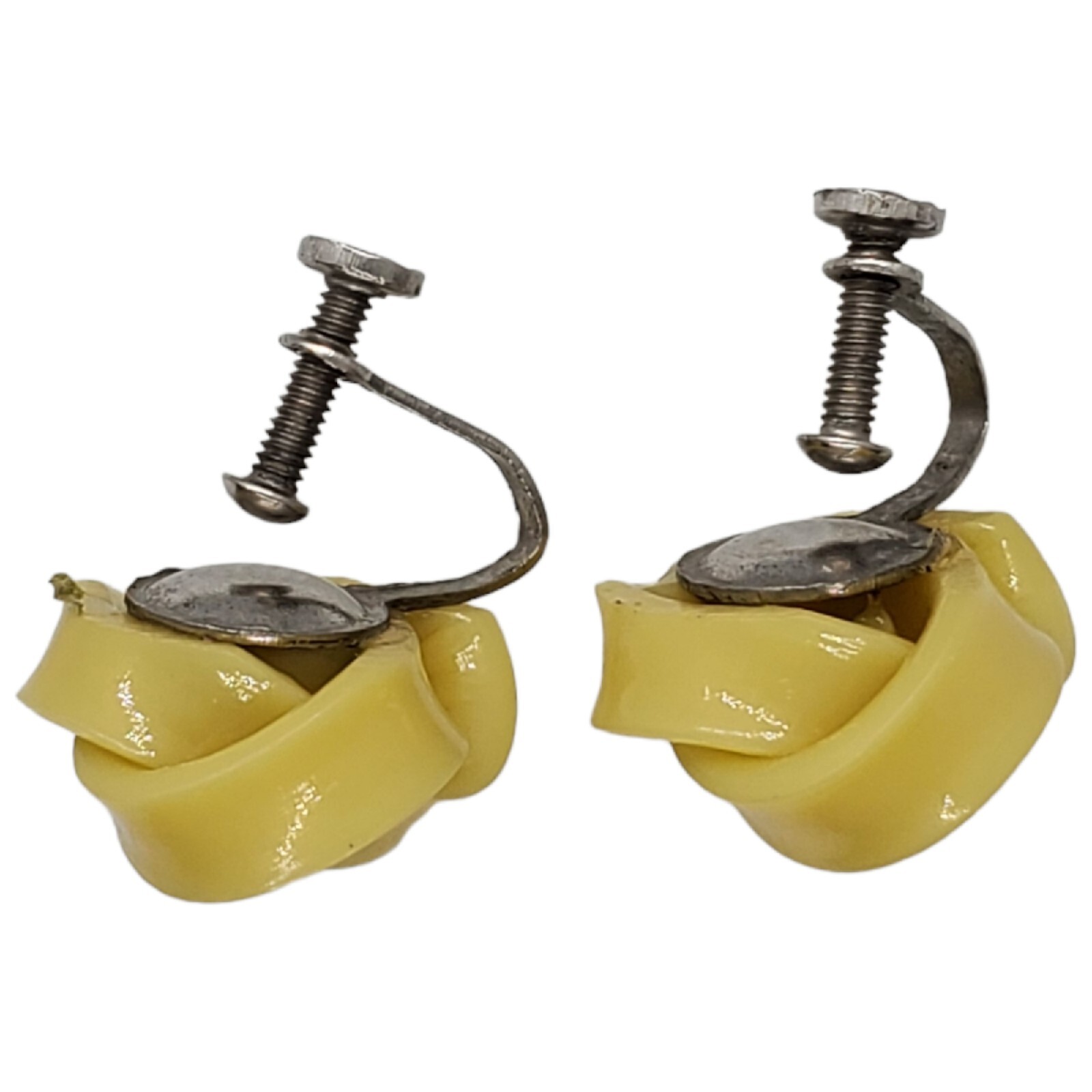 Vintage Celluloid Screw Back Earrings Yellow Rose Knot Silver Tone .5″