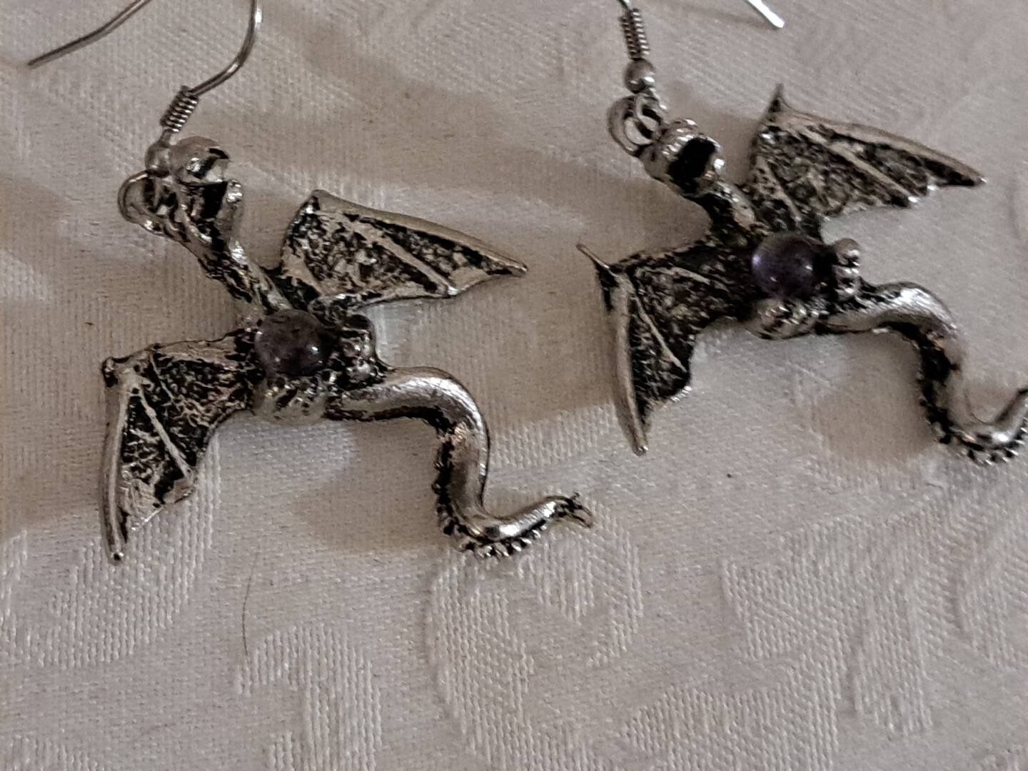 Vintage Fine Metal Dragon Serpent Pierced Earrings Purple Crystal Ball 2.25×1.5
