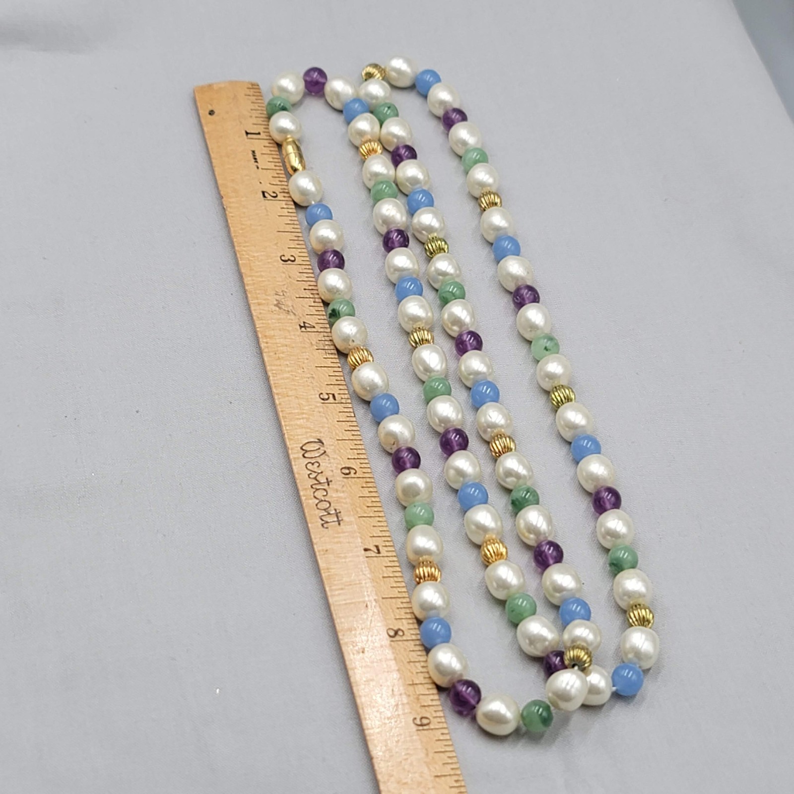 Vintage Bead Necklace Gold tone White Purple Blue Green Long 36″
