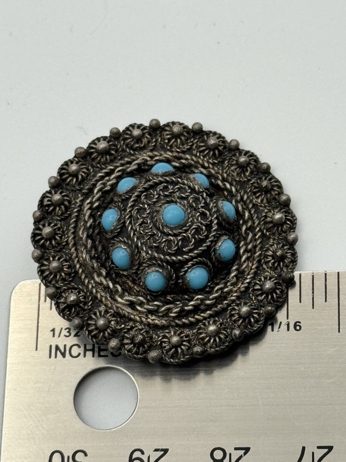 Antique Cannetille 900 Silver & Turquoise Etruscan Design Brooch/Pin *read*