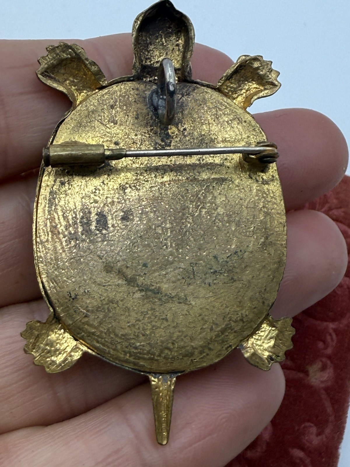 Antique Brass Turtle Brooch Pendant 1900s Green Glass Stone Trombone Clasp J80