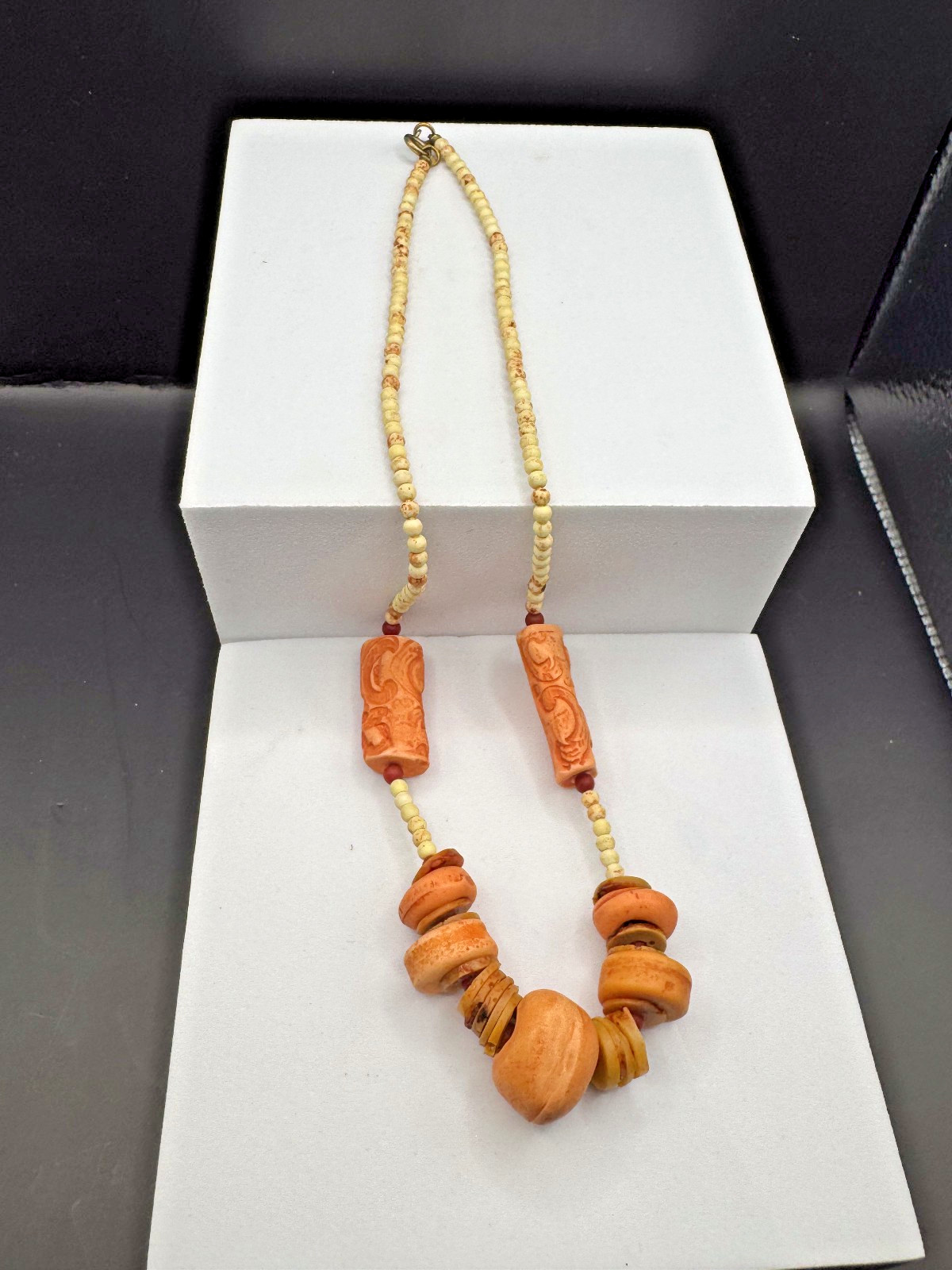 Vintage Boho Carved Clay Terracotta Bead Necklace Tribal Ethnic Earthy Statement