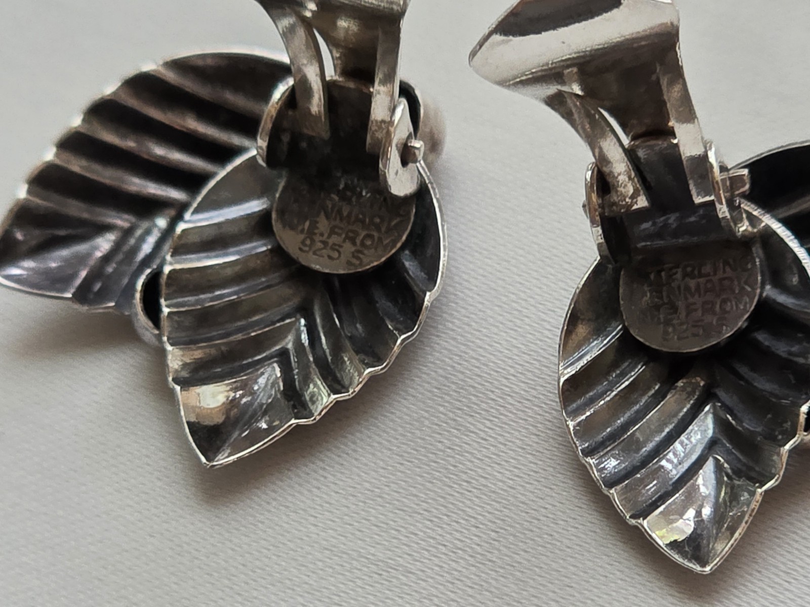 Vintage Signed N.E. From Danish 925 Silver Leaf Earrings MCM Denmark Clip On