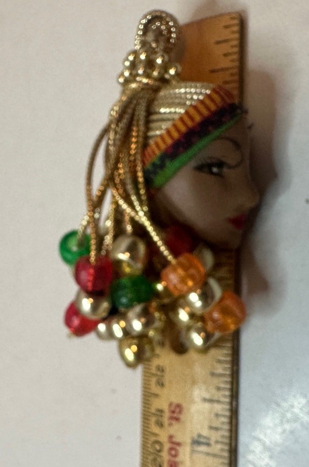 Vintage Figural Lady Head Brooch Green Red Gold Beaded Hair Unique Art Pin