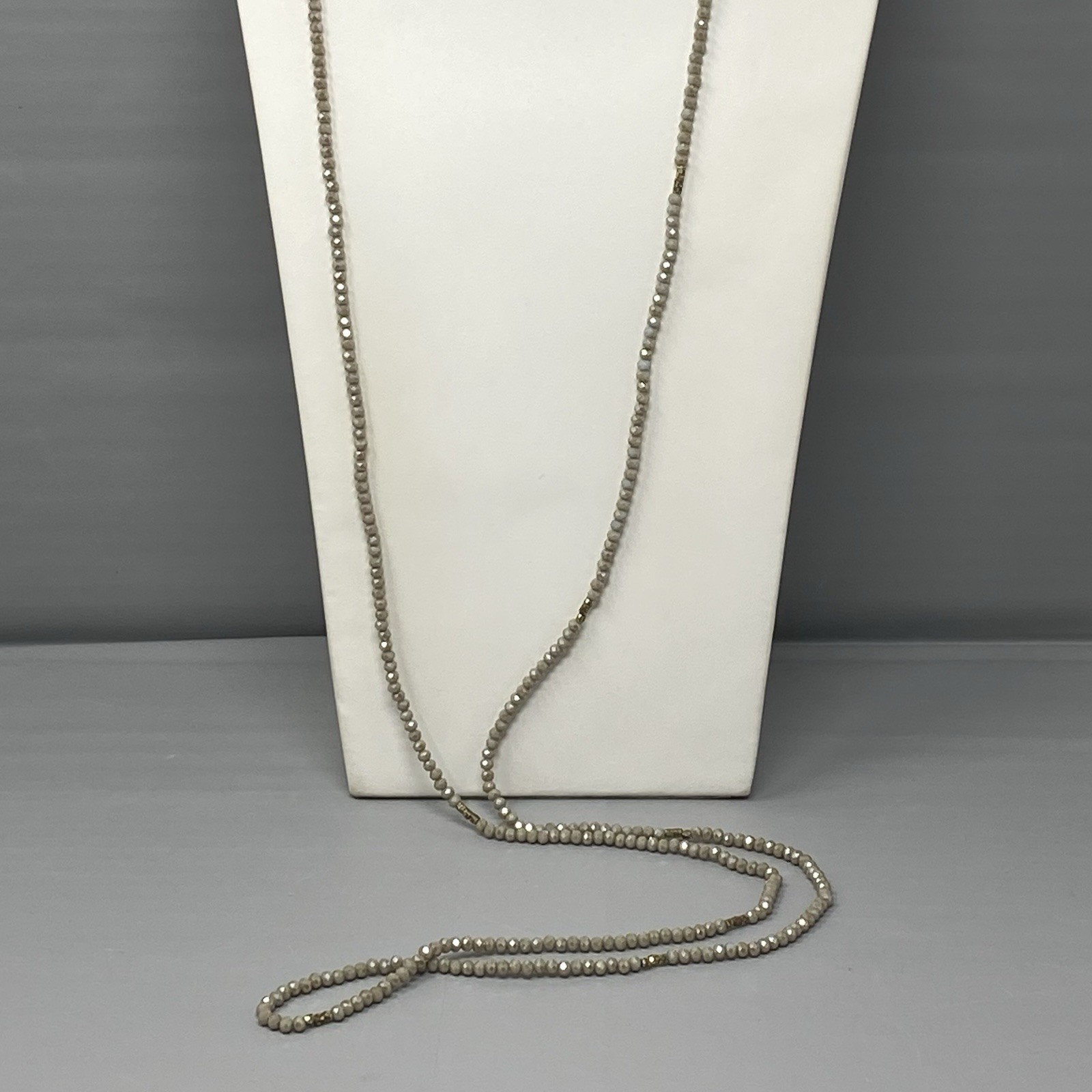 Cream Fire Polished Glass Bead Necklace Surface Coated Long Tan Faceted 60″