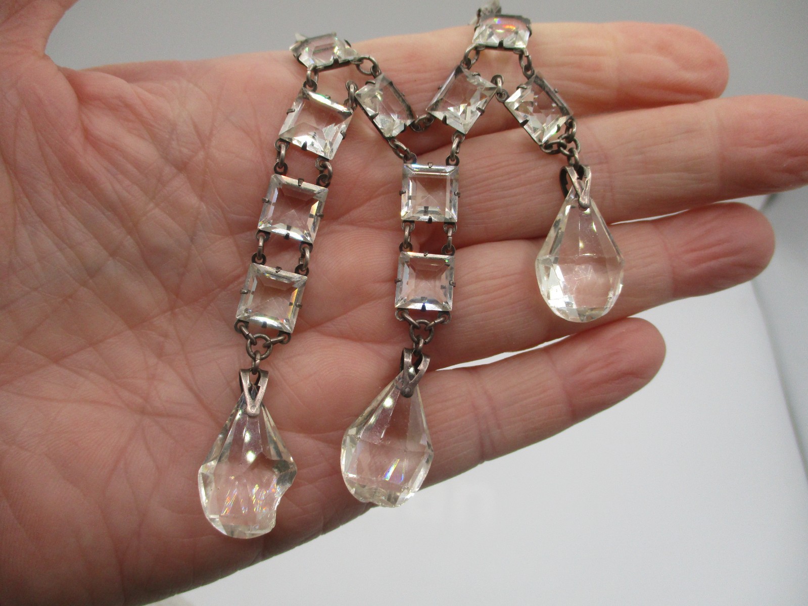 ANTIQUE STERLING SILVER ROCK CRYSTAL NECKLACE ~ ART DECO with 3 STRAND DROP