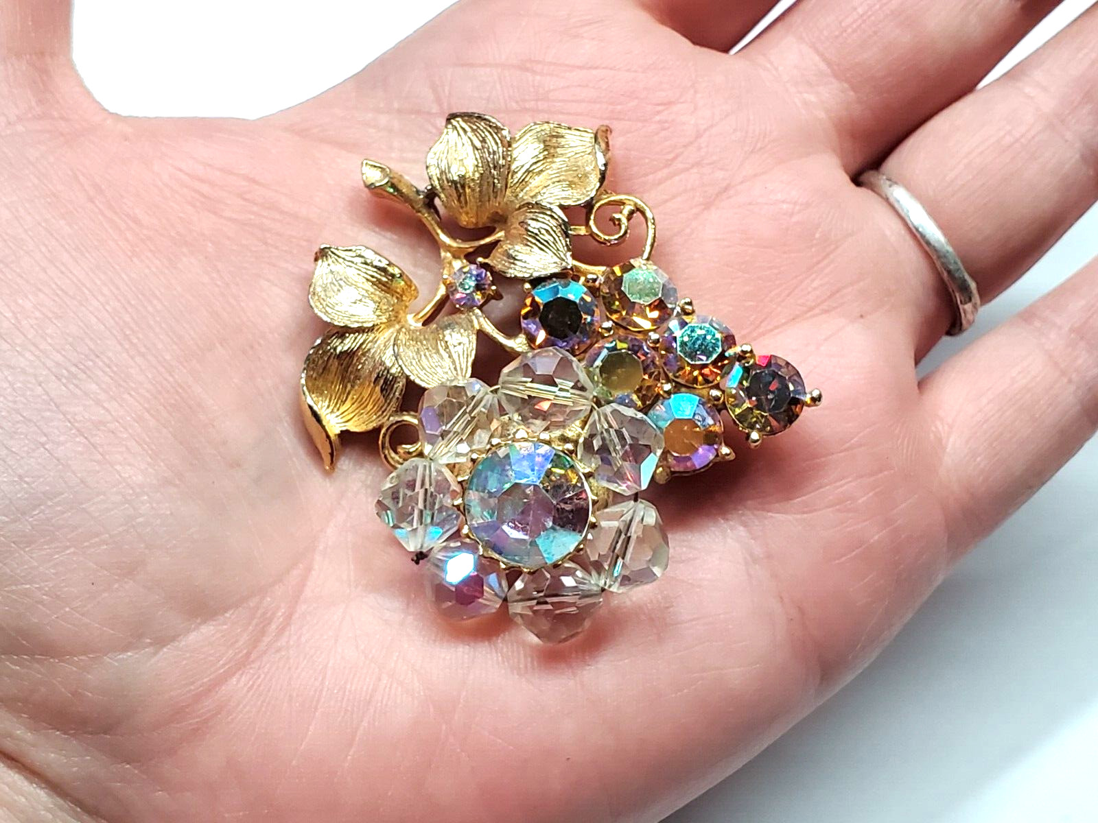 Vintage High End Aurora Borealis Rhinestone Bead Brooch Grape Cluster Leaves
