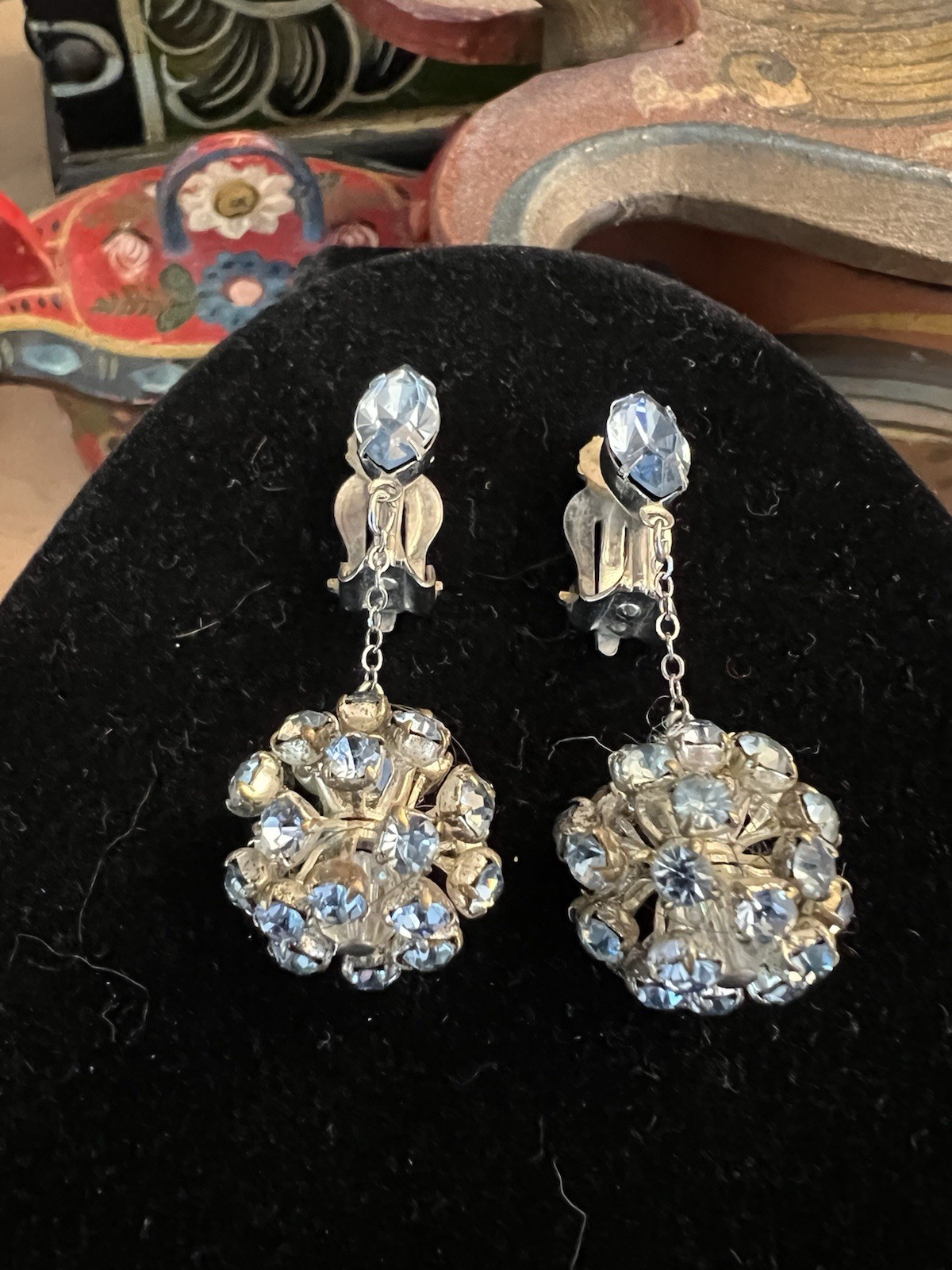 Vintage La Roco Blue Rhinestone Dangle Clip On Earrings, Silver Toned, Signed!