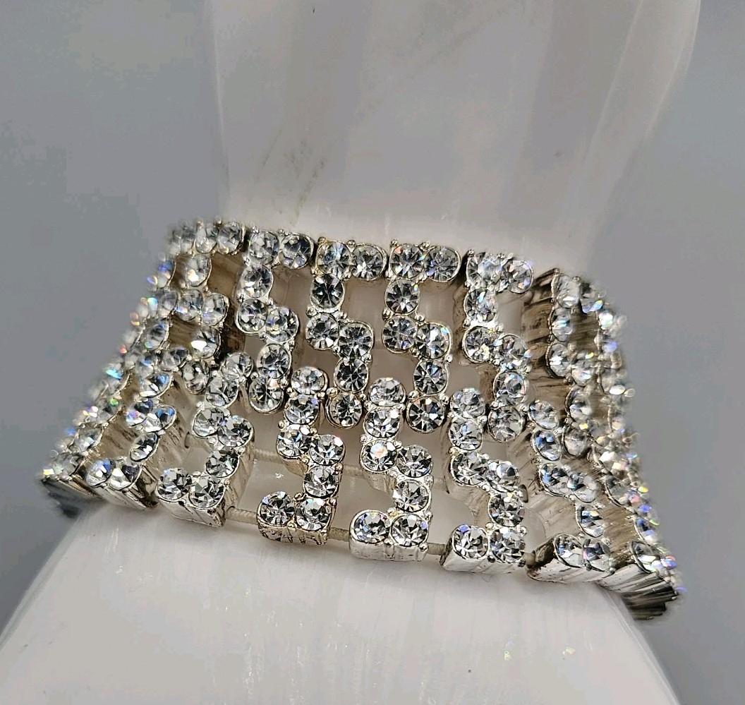 Rhinestone Wide Bracelet Stretch Band Clear Glass Stones Sparkling Party