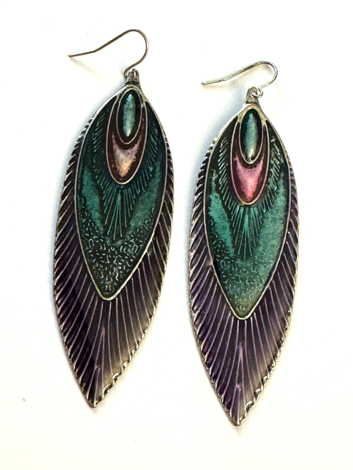 Peacock Design Green Purple Pink Enamel Feather Dangle Pierced Earrings Estate