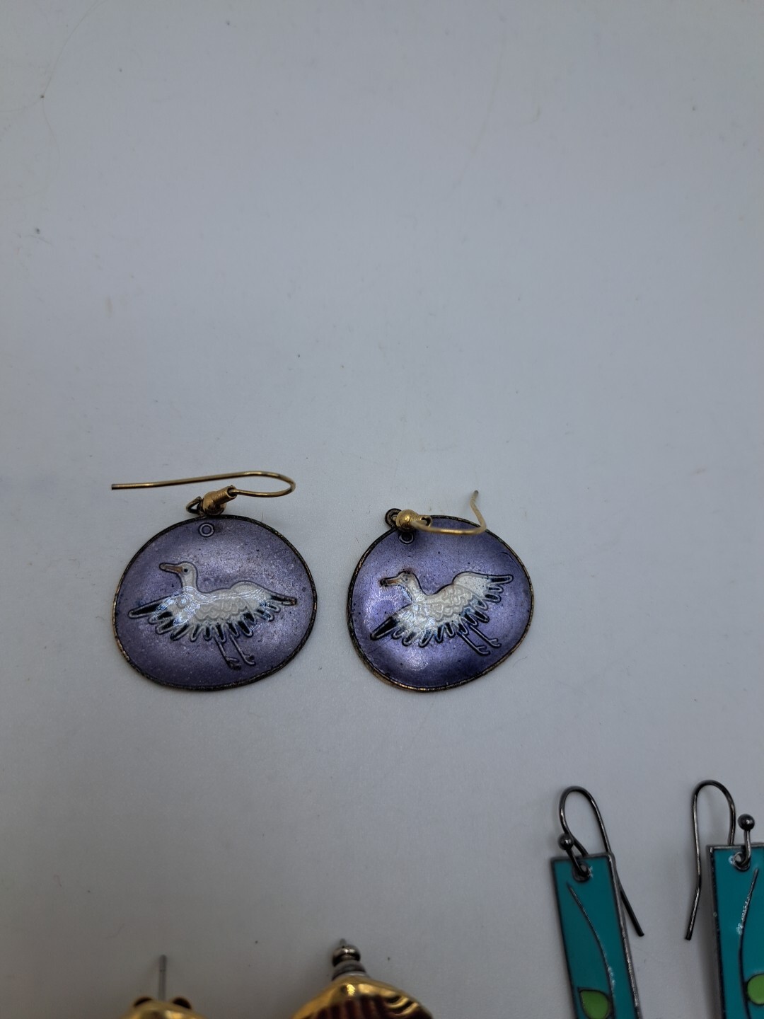 Lot (5) Metal And Enamel Earrings Studded Dangle Flowers Shell Egret Heron