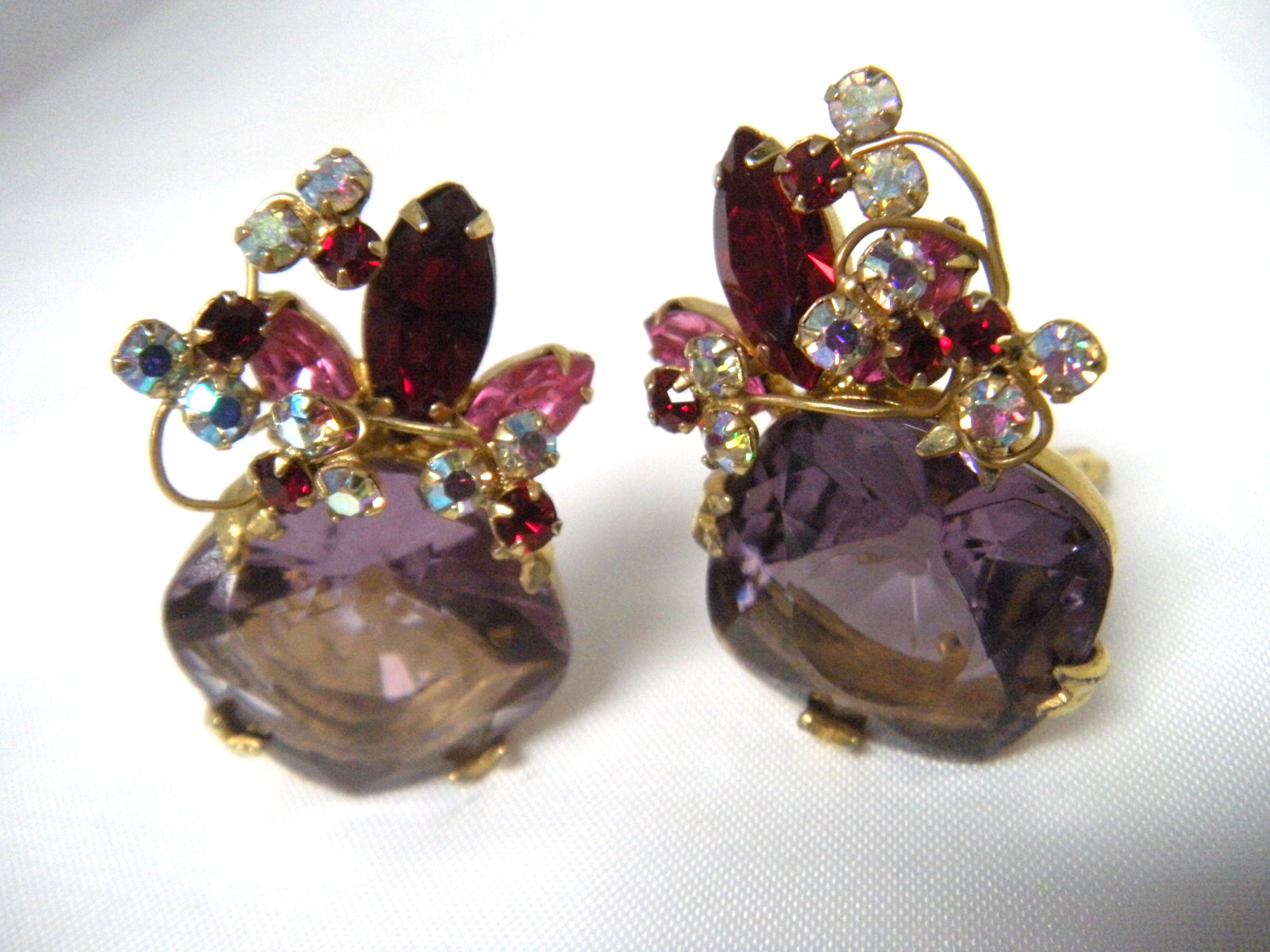 JULIANA Purple Pink Red Rhinestone Vintage Brooch Earring Set