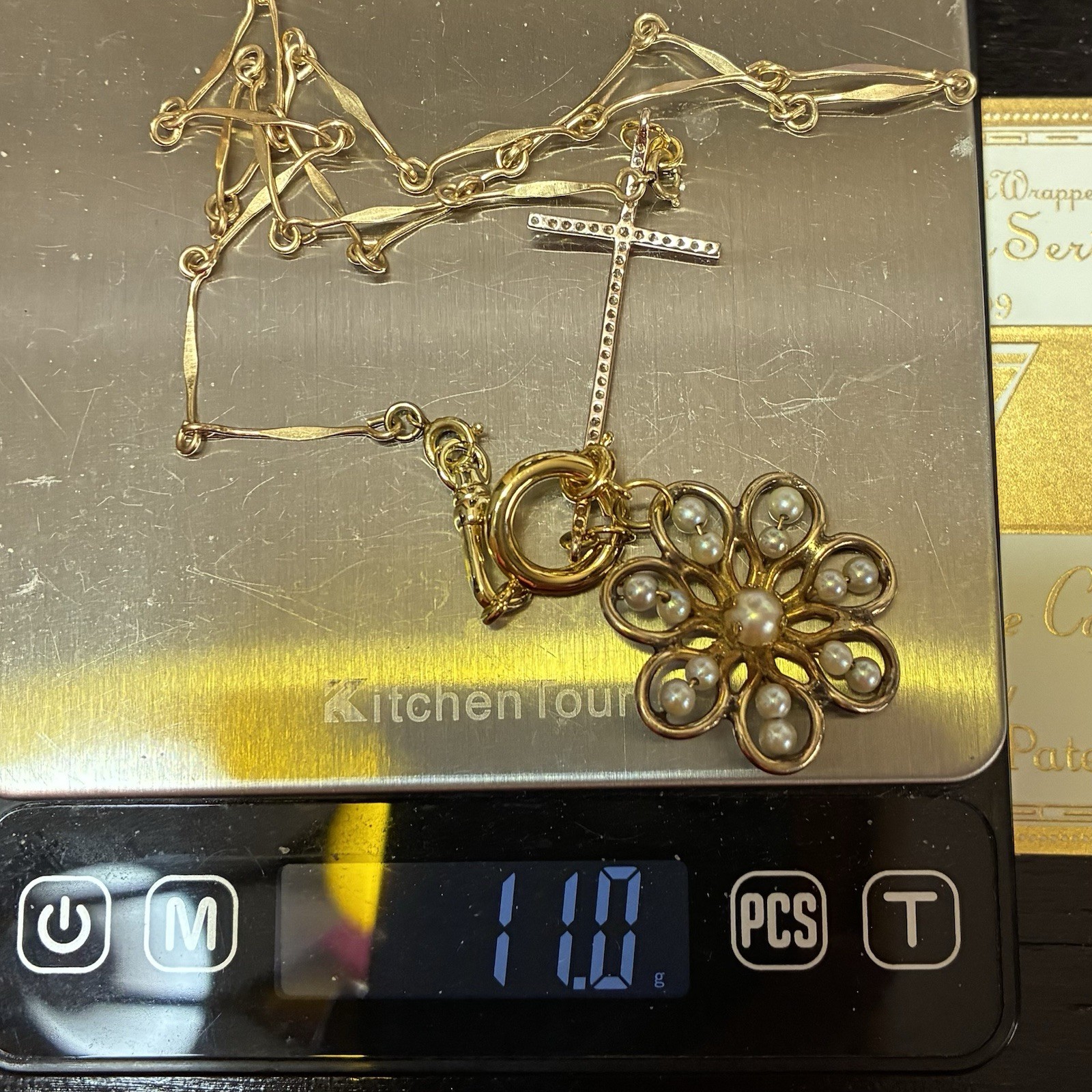 Vintage 12k Gold Filled Pocket Watch Chain FOB, Dog Clip, Cross & Pearl Charms