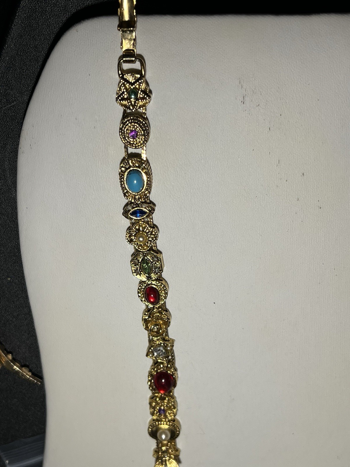 Vintage Victorian Revival Metal Tone Multi Gem Slide Bracelet Sz 7