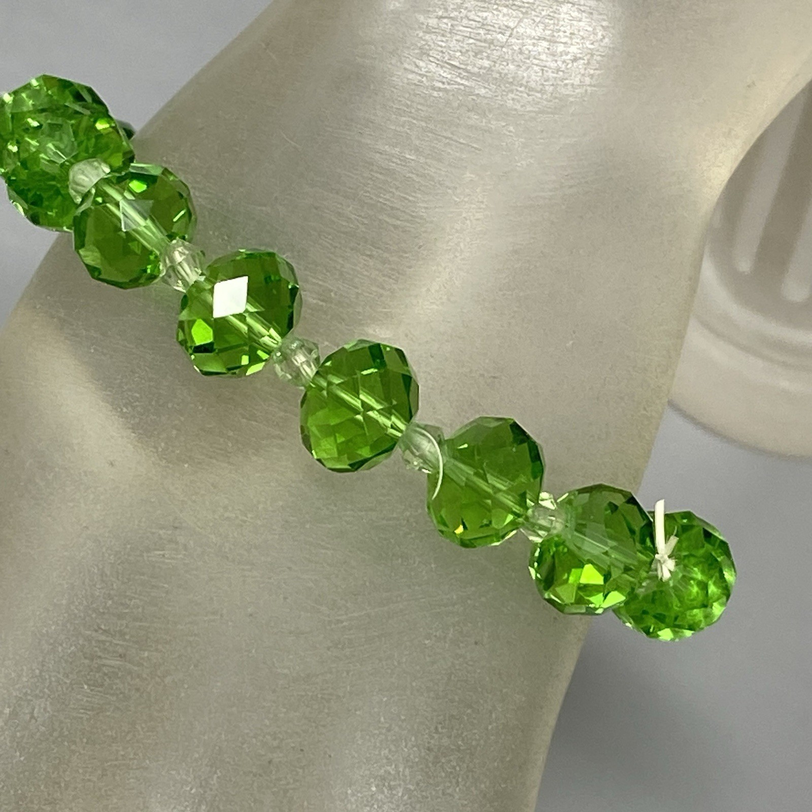 Green Glass Beaded Bracelet Stretch Elastic Faceted Transparent Bicone Spacer 7″