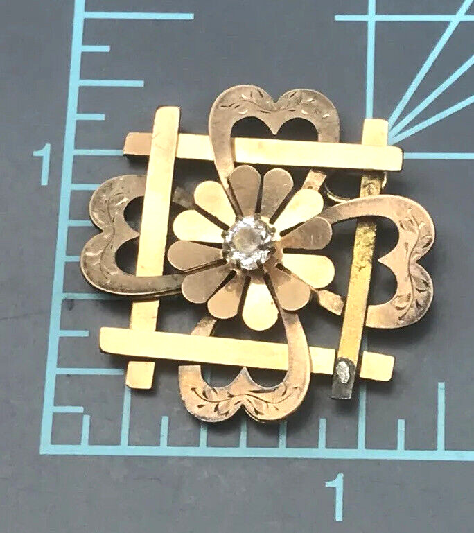 Antique Victorian Etruscan Necklace Pendant Rhinestone Etched Hearts Flower