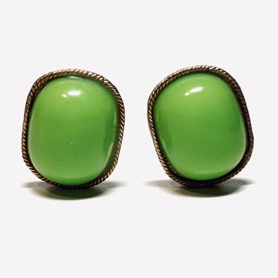 MARVELLA earrings lime green cabochon block ovals goldtone metal clip on vintage