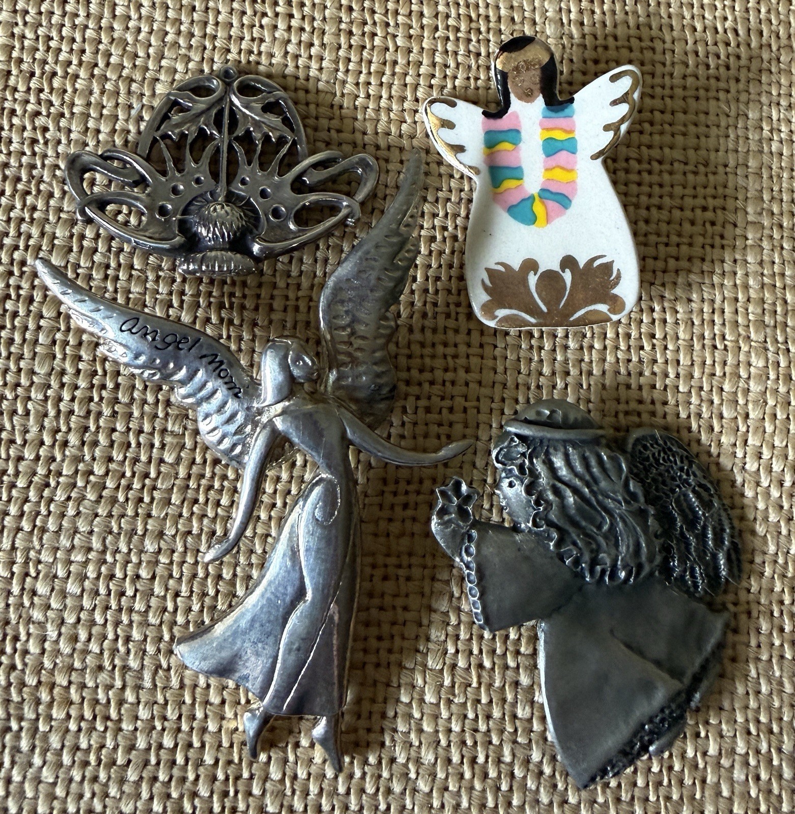 Vintage Antique Angel Lotus Brooch Pins 4 Pewter Ceramic KAHA | HMK. CDS | EUC