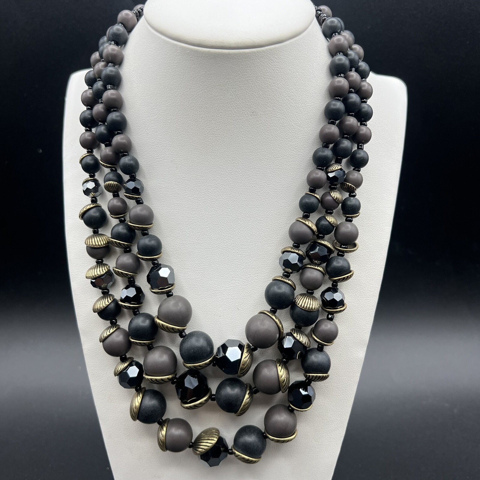Premier Designs Black Glass & Gray Acrylic Beaded Multi Strand Necklace