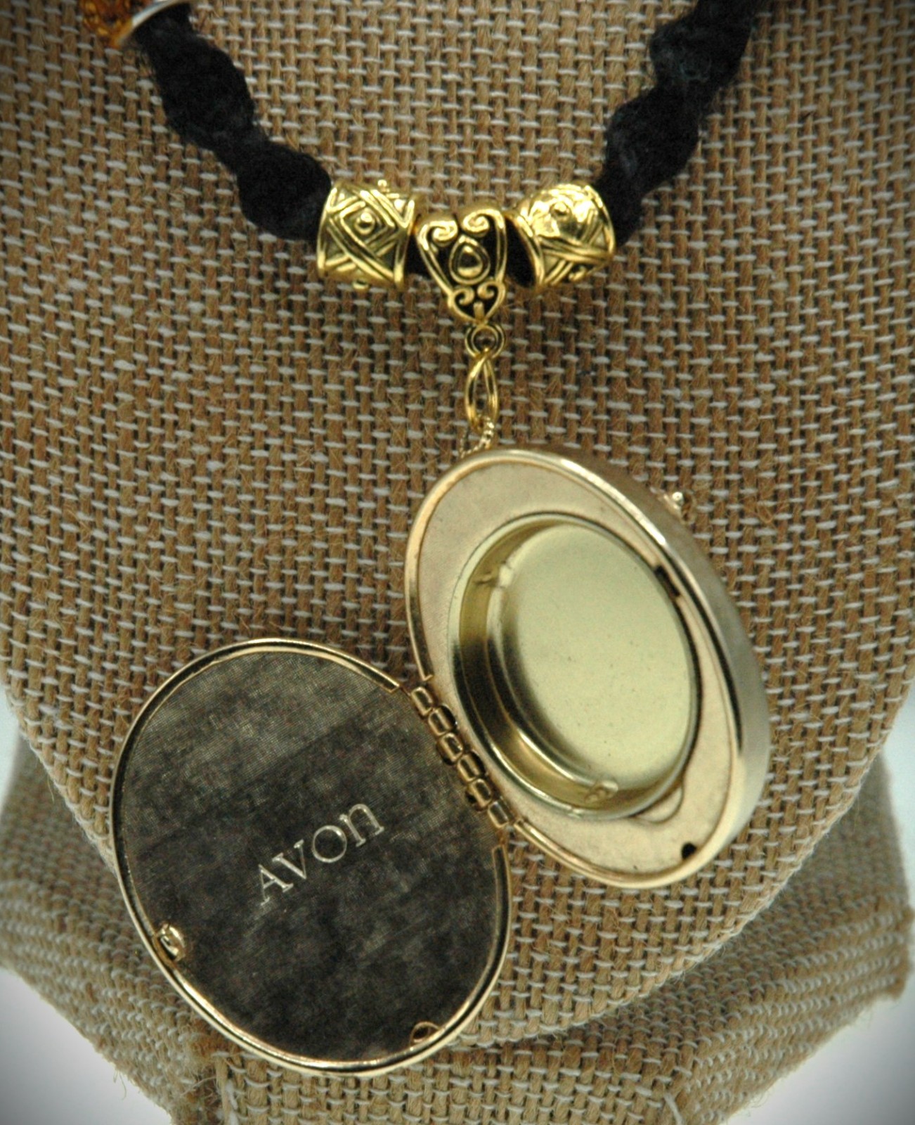 Vintage 1966 Avon Perfume Locket on a Handmade 20″ Black Hemp Chain