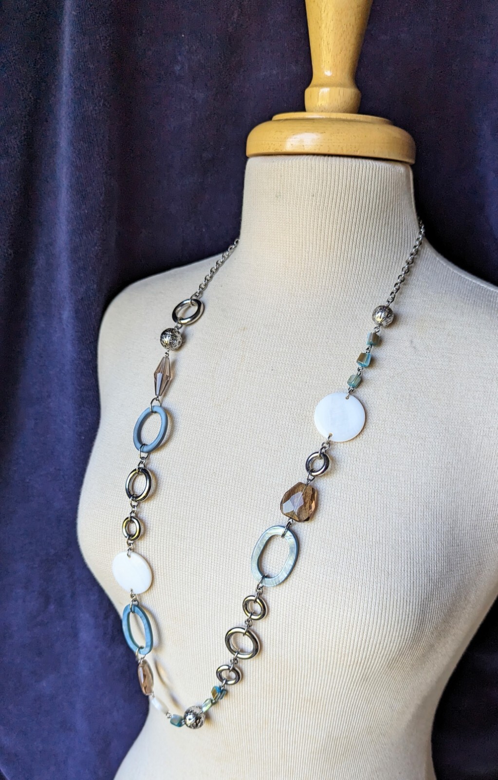 LIA SOPHIA Silver Tone Necklace 36″ + Blue Shell Circle Brown Smokey Glass Beads
