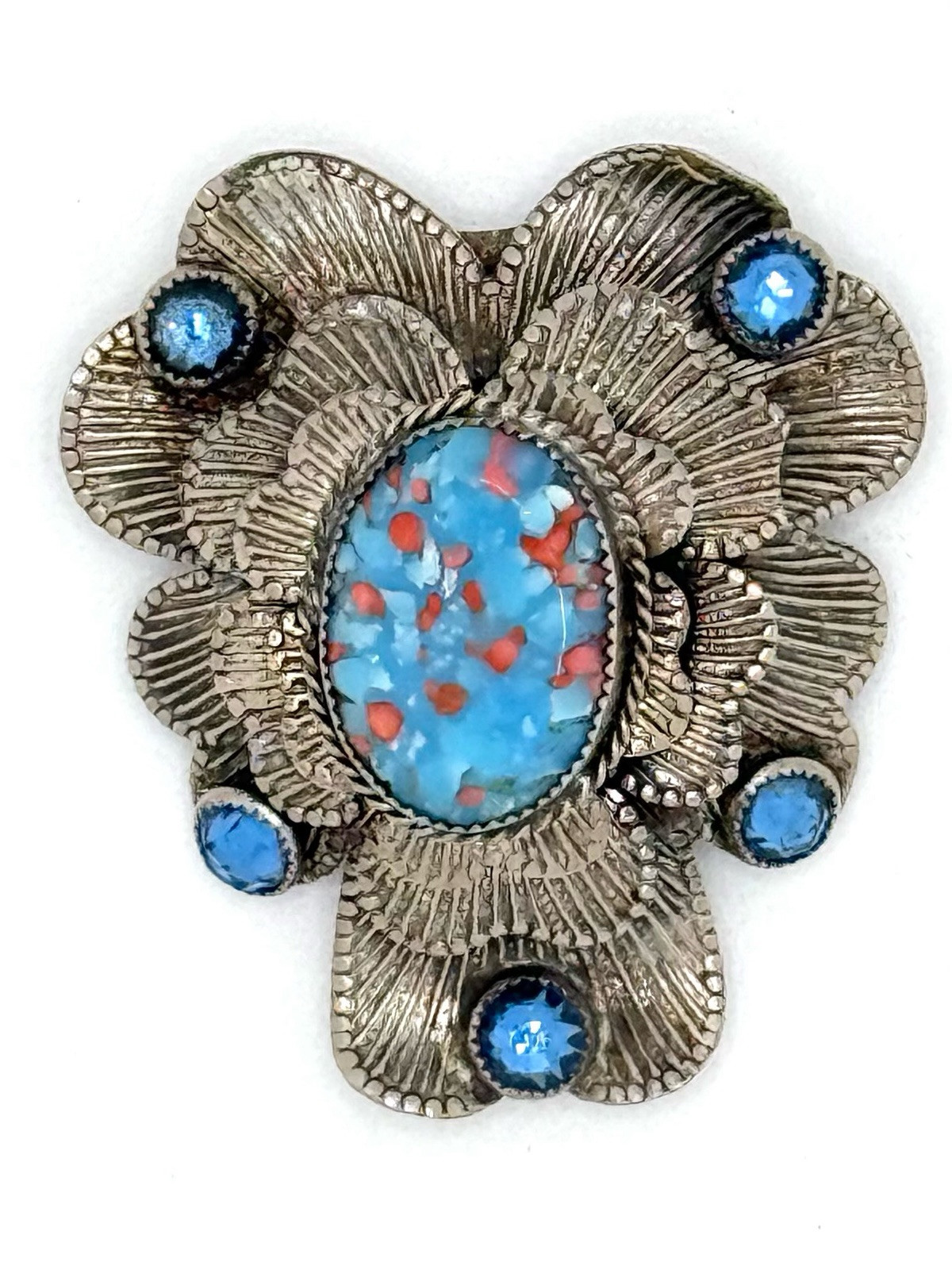 ANTIQUE ART NOUVEAU CZECH BLUE ART GLASS FUR DRESS CLIP / PEKING GLASS CABOCHONS
