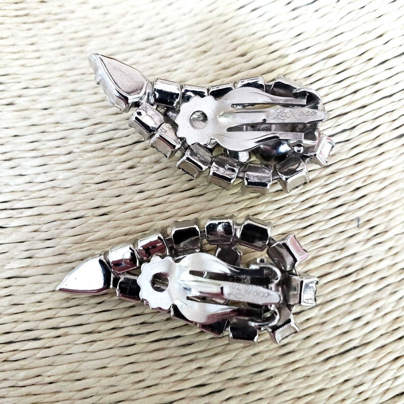 La Roco LaRoco Clear Rhinestone Clip Icy Earrings Paisley Teardrop Signed VTG