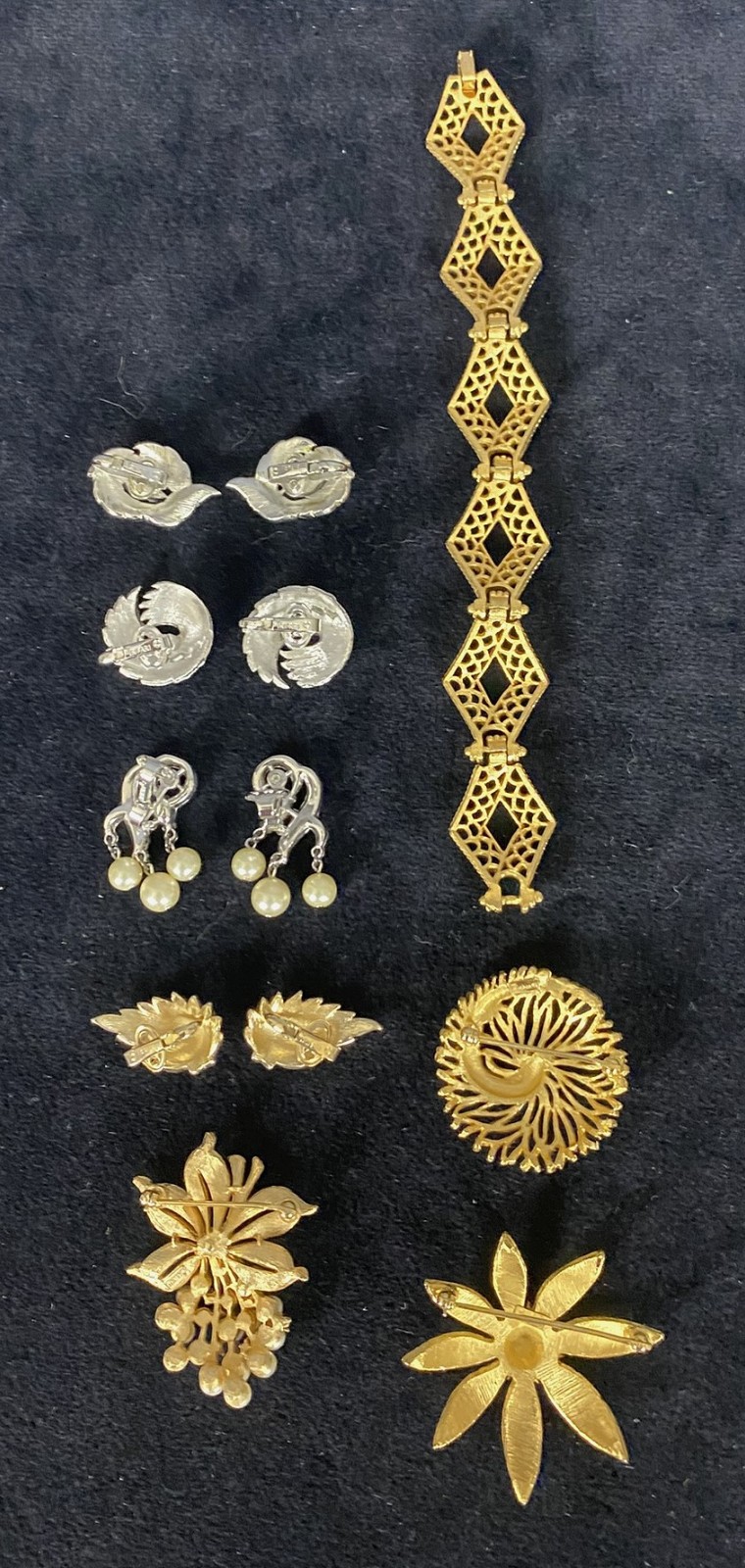 Vintage Signed Crown Trifari Jewelry, Bracelet, 3 Broochs, 4 Pair Clip Earrings