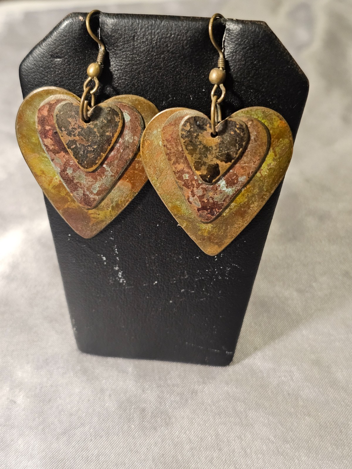 Vintage Patina Heart Earrings Layered Brass Hearts with Rustic Boho Finish