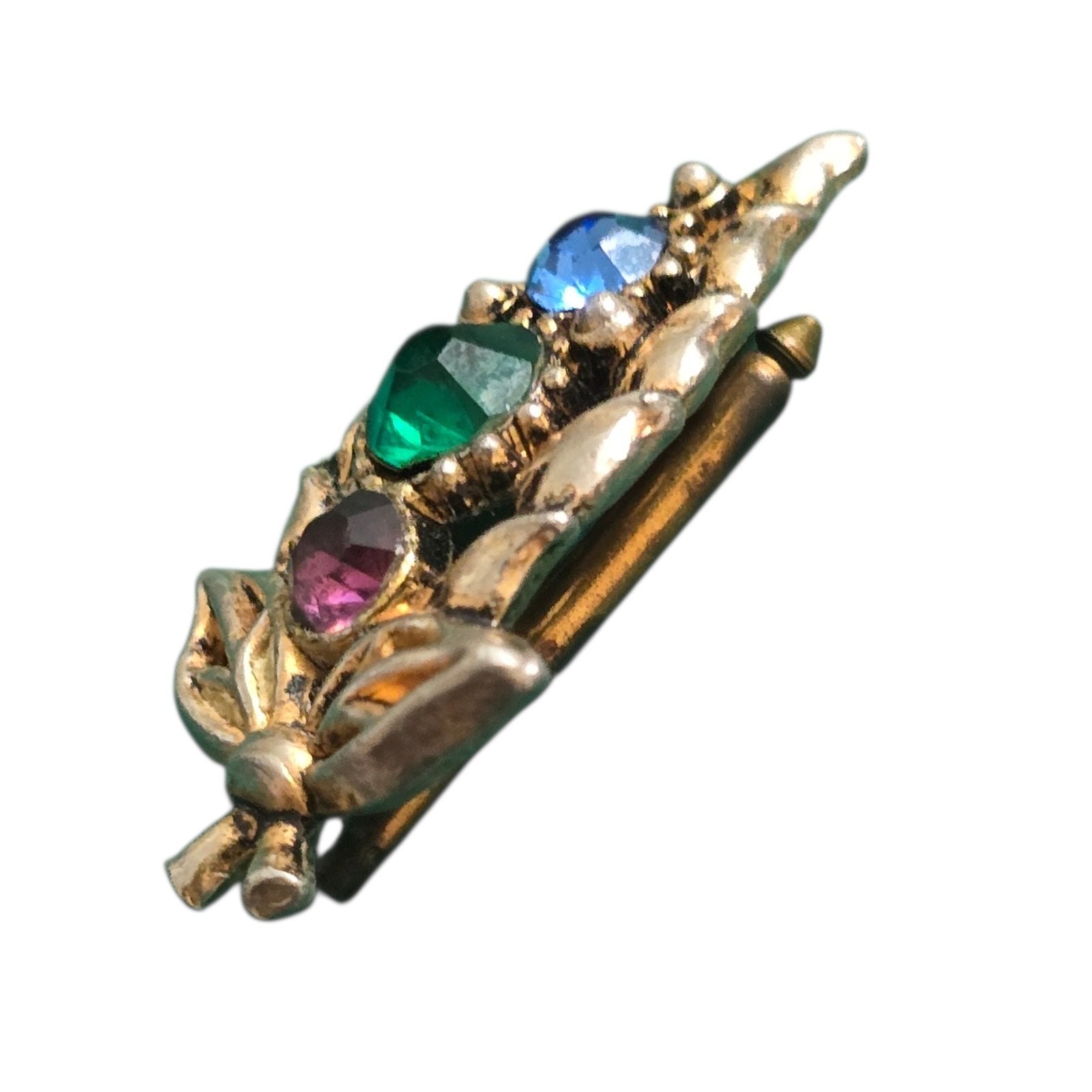 Vintage Scatter Pin Floral Leaf Spray MCM Blue Green Purple Rhinestones SKU 3446