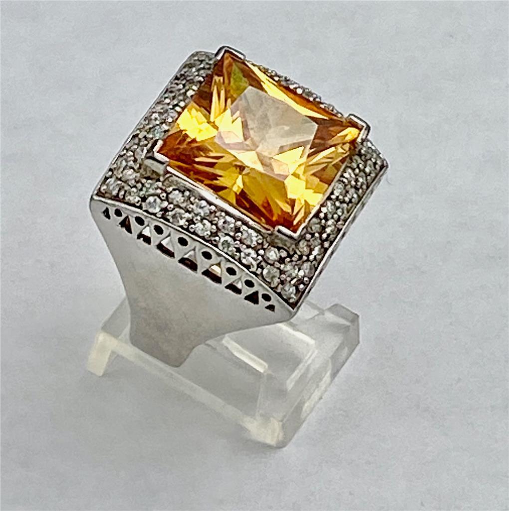 925 Sterling Silver Citrine Yellow Cubic Zirconia Clear Accent Stones Ring 7.5