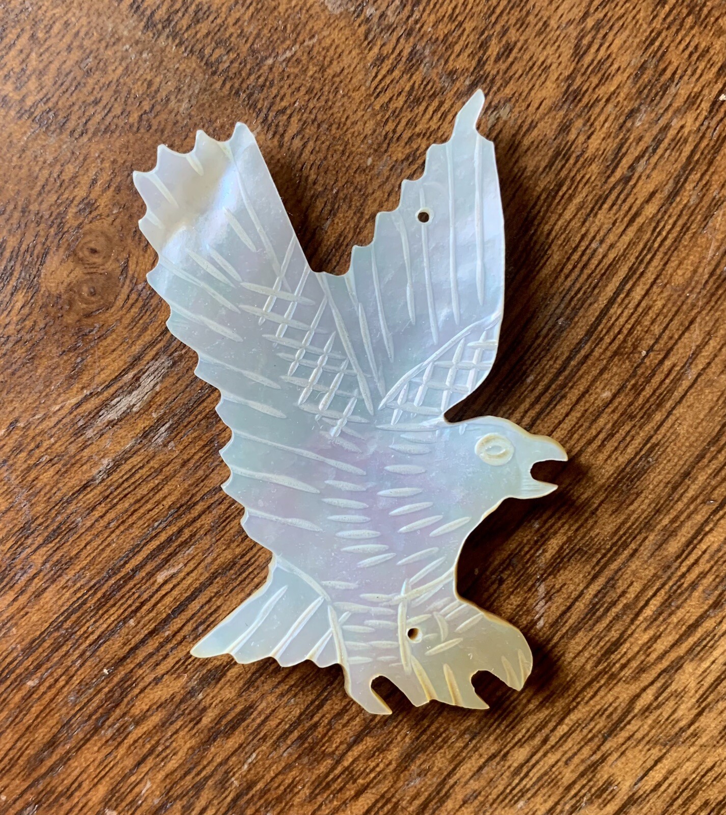 Vintage Carved Mother of Pearl Soaring White Eagle Bird Fetish Pendant 2” x 1.5”