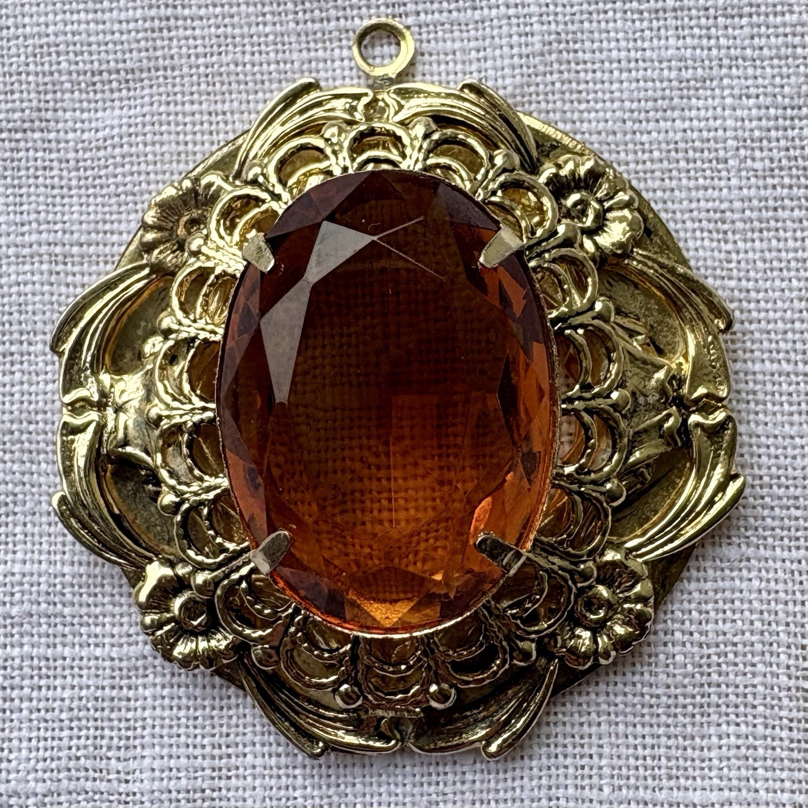 Vintage Victorian Revival Filigree Pendant Honey Amber Glass Gold Tone Ornate