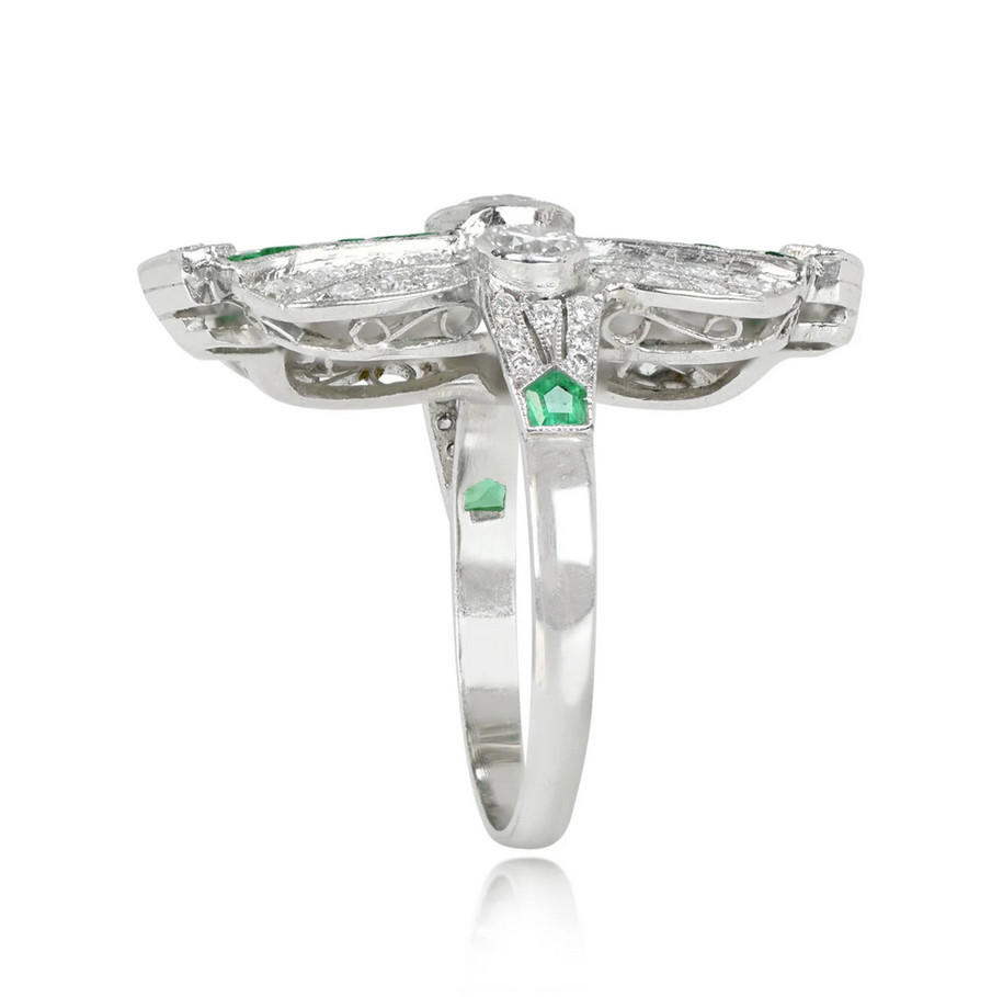 Art Deco Style Old European Cut Lab-Created Diamond And Emerald Ring 925 Silver