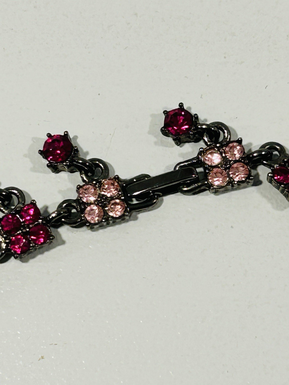 Gunmetal Rhinestone Statement Necklace Pink Fuchsia Fringe Vintage Style