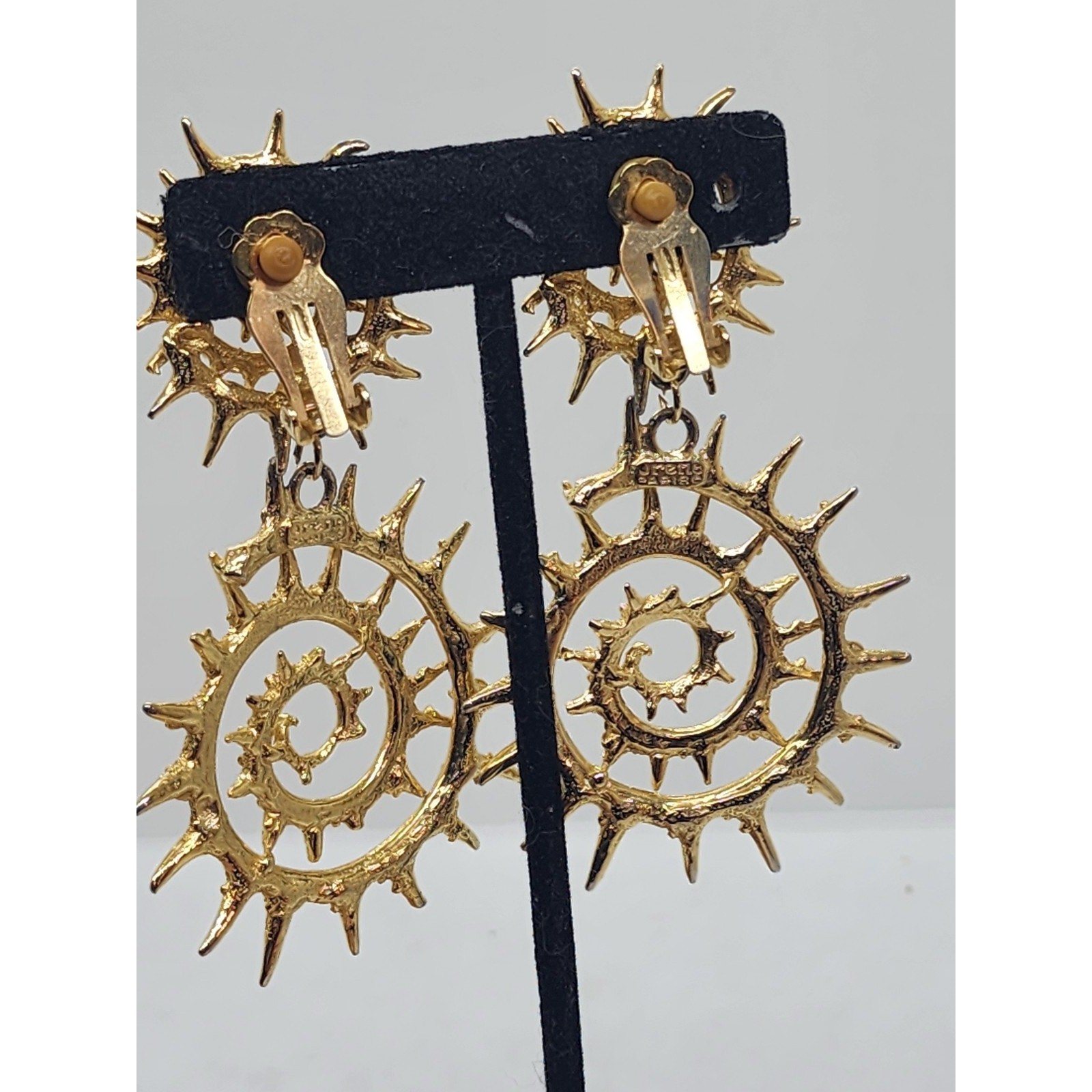 Vintage Orena Paris Sunburst Spiral Clip On Earrings Gold Tone Long Dangle