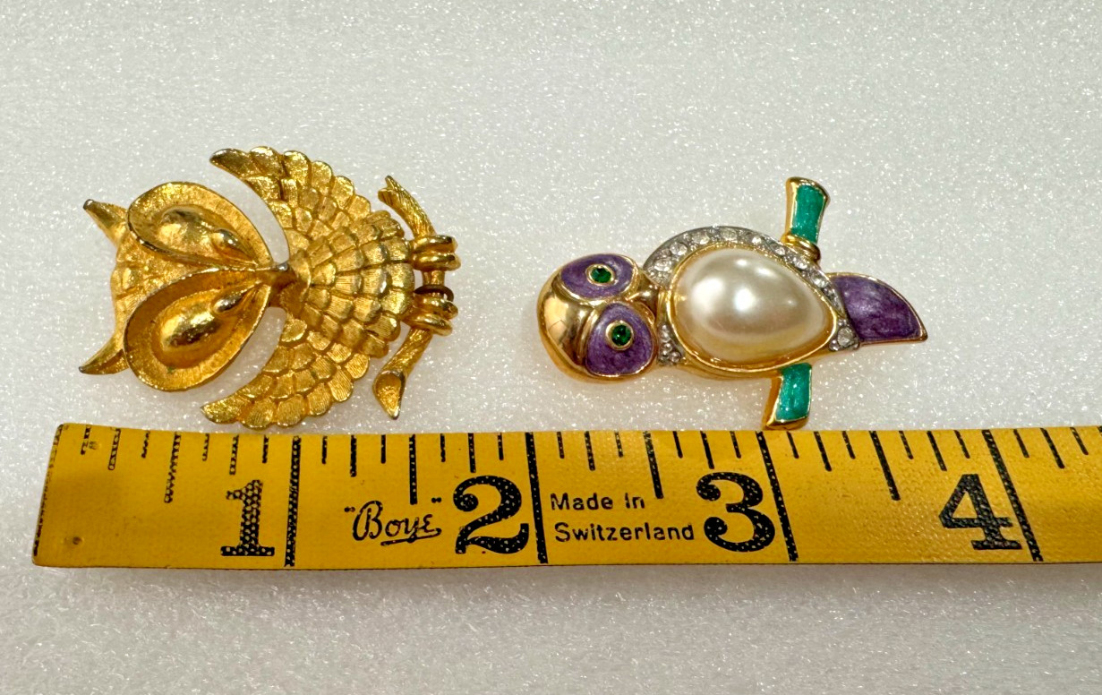 Lot of 4 Vtg Owl Bird Pins Brooches Rhinestones Mixed Metals Articulated Jonette