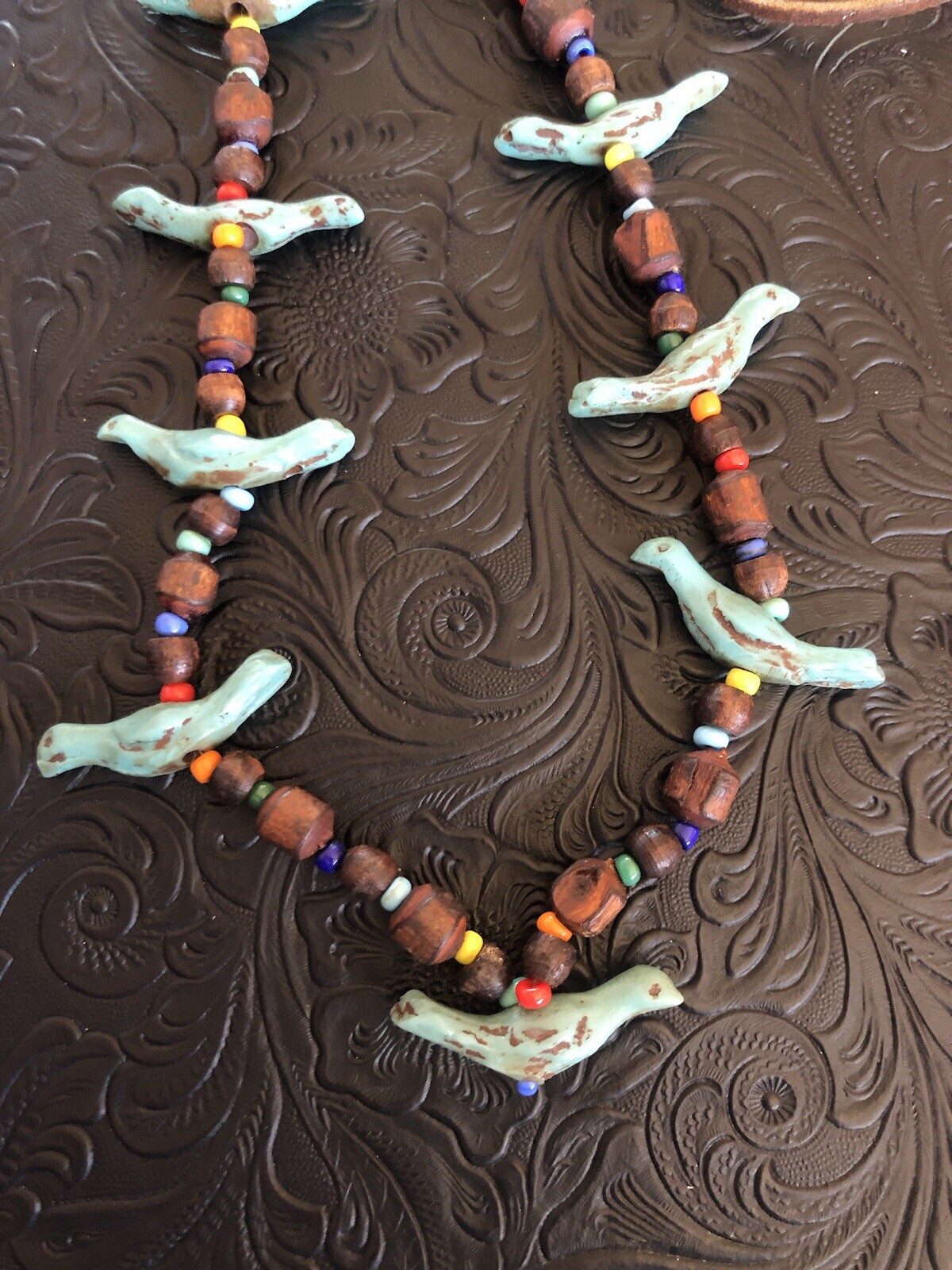 Vintage 1960s Blue Bird Fetish Necklace, Leather Wood Plastic Route 66 Souvenir