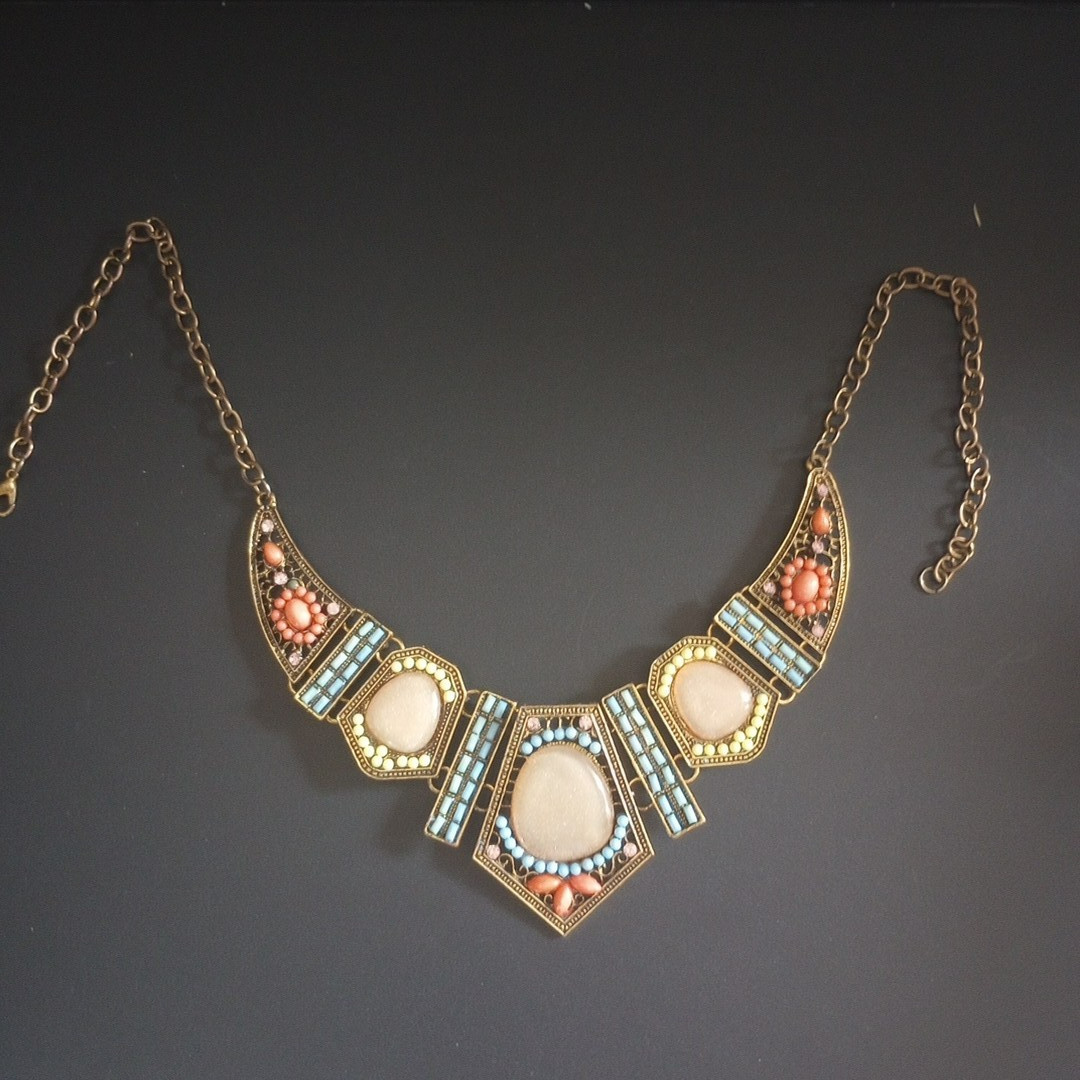 Vintage Multicolor Collar Bib Necklace Pastel Mosaic Bead Design Approx 19″ EUC