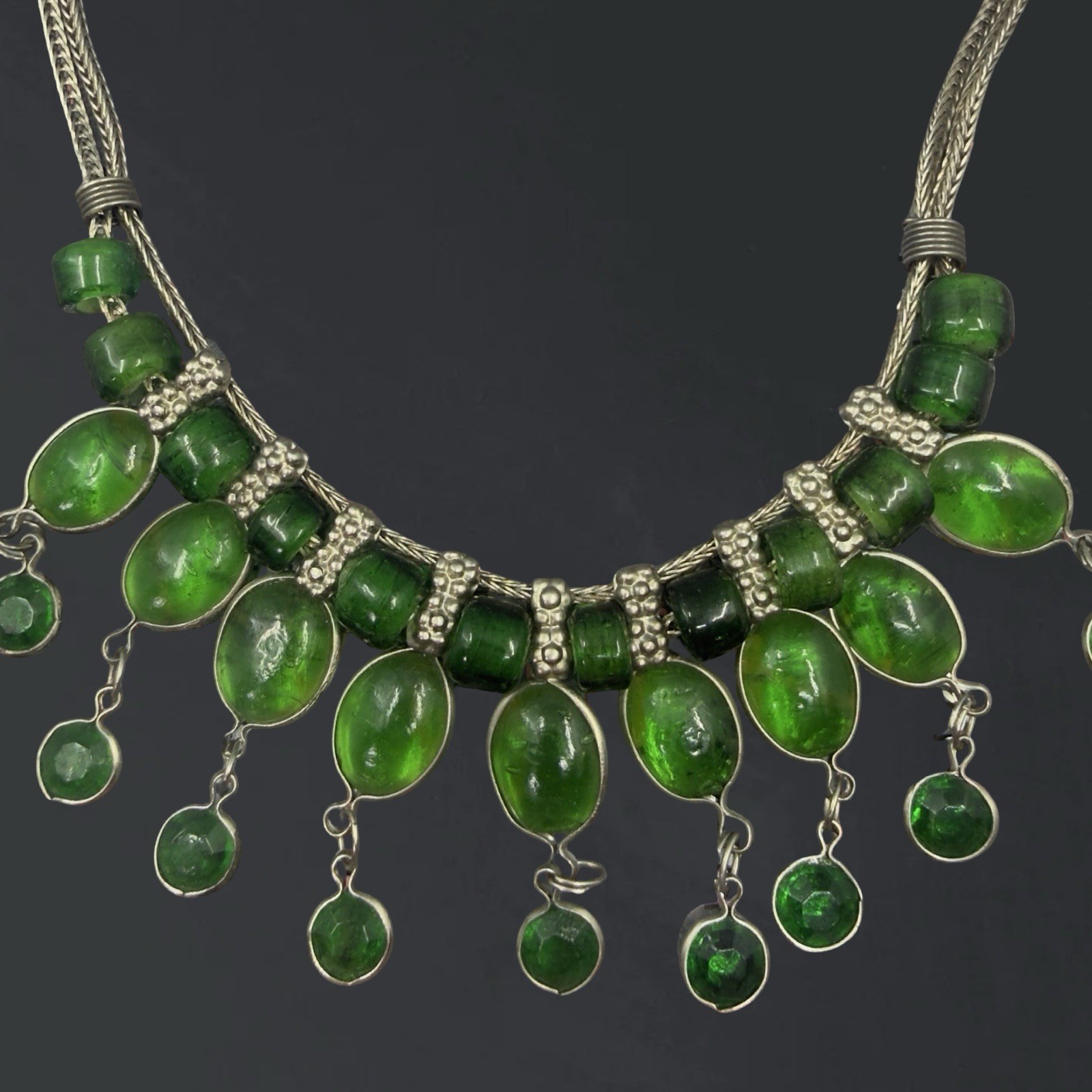 Vintage BOHO Bib Necklace GREEN GLASS Southwest Artisan Drop Dangle India Silver
