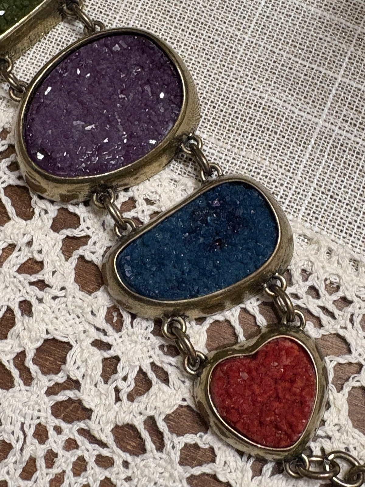 Vintage Handmade 5 Color Geode & Brass Link Chunky Bracelet Toggle Clasp BOHO