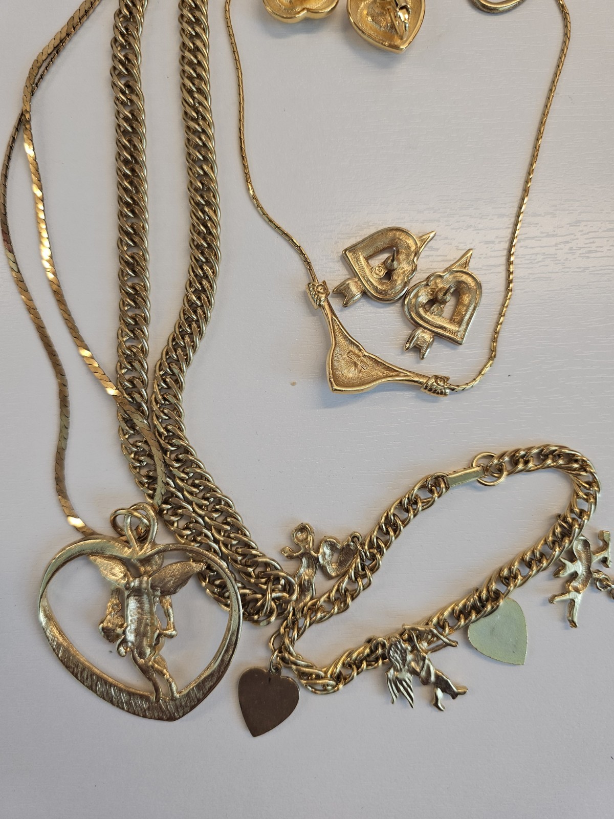 Signed Monet Red Heart Necklace Vintage Gold Tone Rhinestone Jewelry Lot Earring