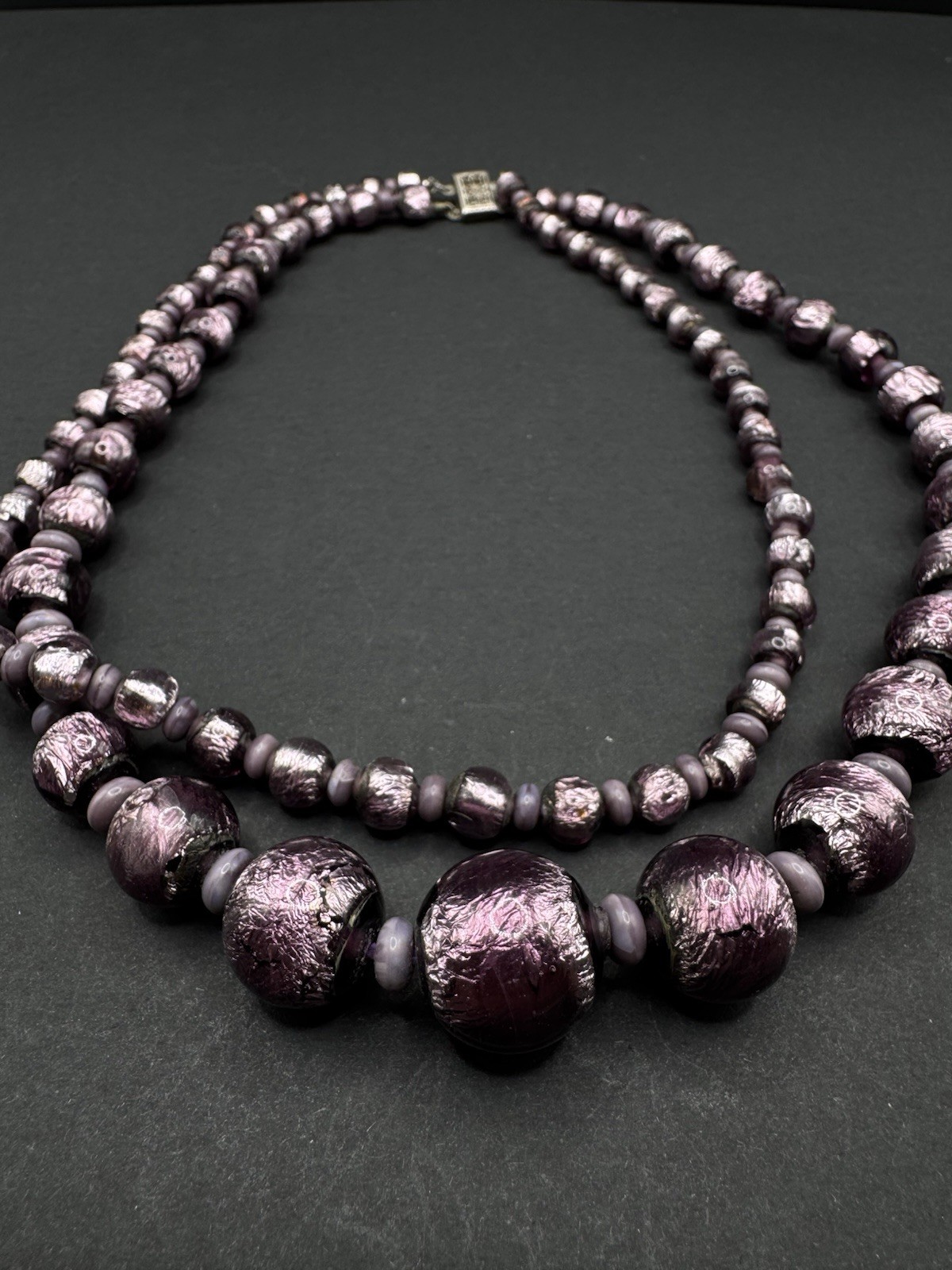 Vintage RARE Collectors MURANO FOILED GLASS BEAD Sterling Clasp Double Necklace