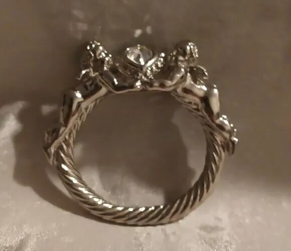Vintage Kirks Folly Cherub Heart Brooch Silvertone Signed Estate Costume Jewelry